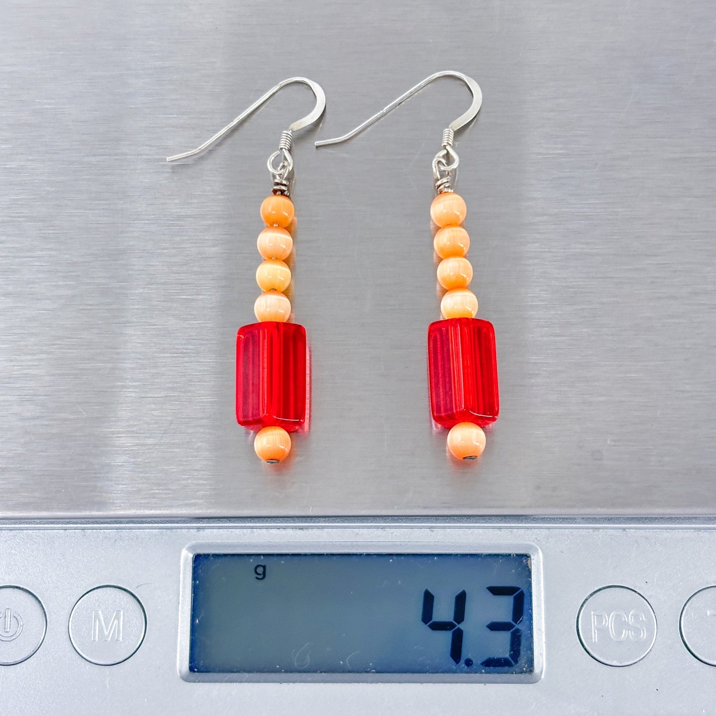 Vintage Sterling Silver 925 Red Glass Bead Drop Earrings