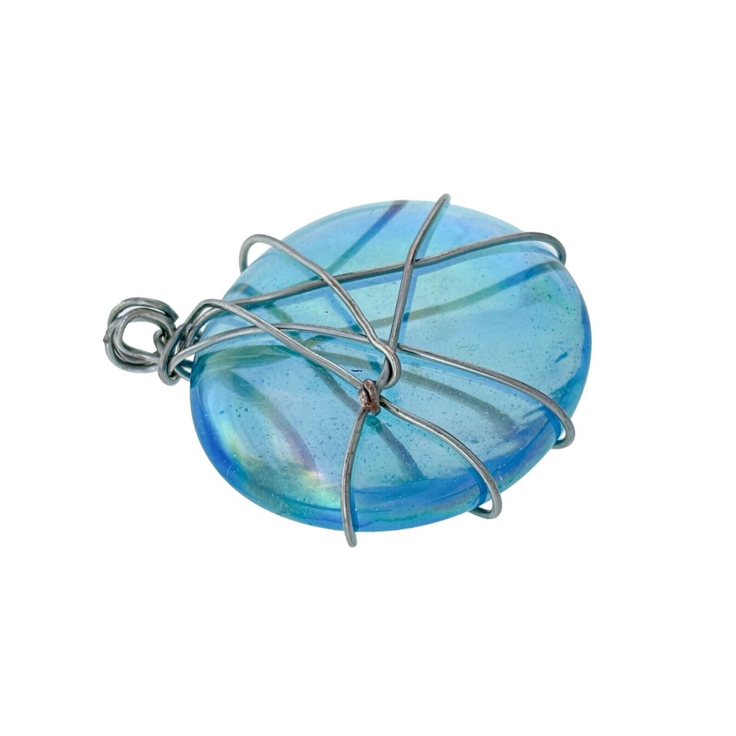 Vintage Silver-Tone Wire Wrapped Iridescent Blue Cabochon Pendant