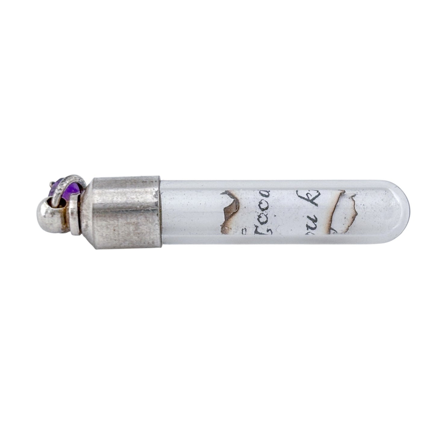 Vintage Sterling Silver 925 Amethyst Charm Secret Message Glass Vial Pendant