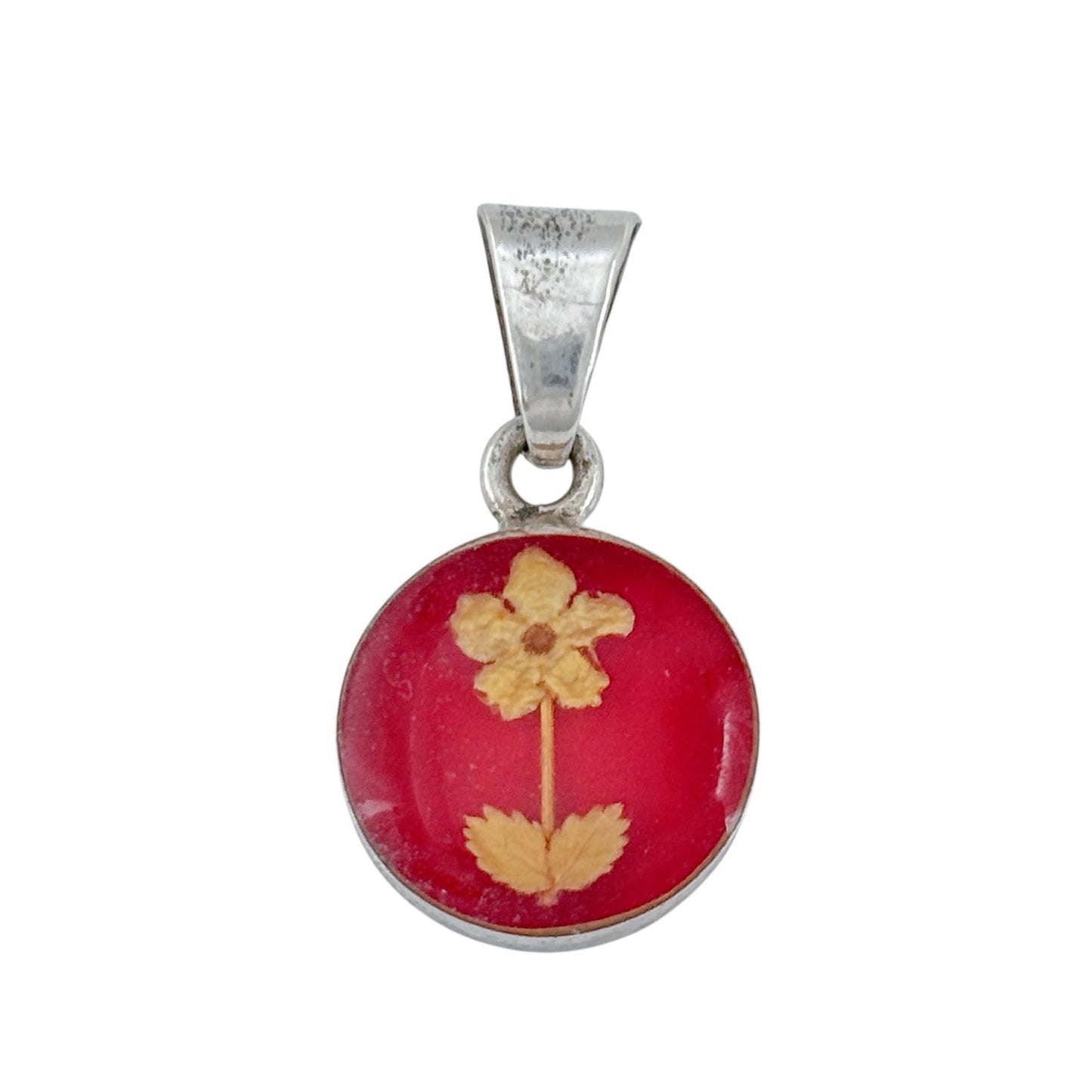 Vintage Sterling Silver 925 Red Pressed Flower Pendant