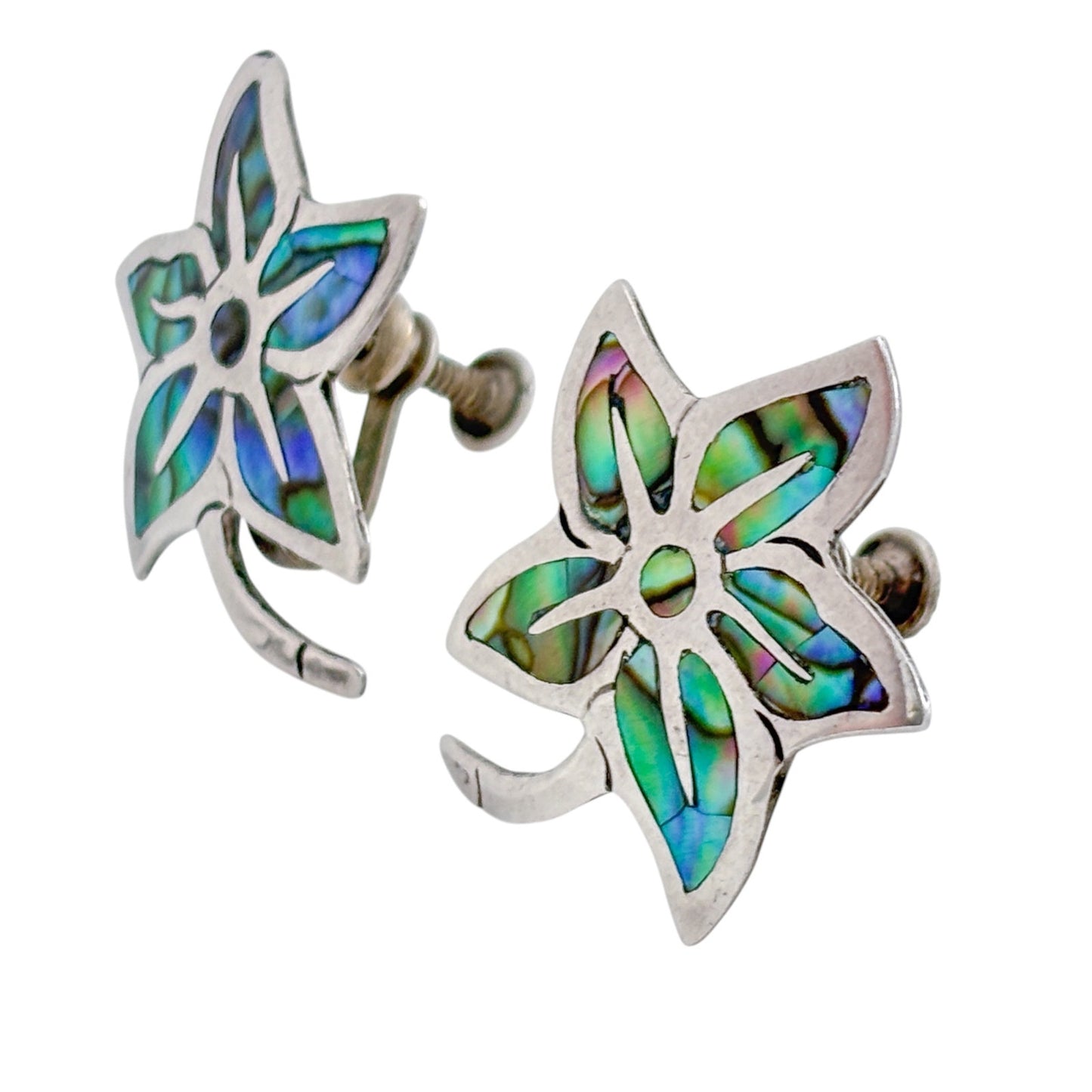 Vintage Mexico Taxco Sterling Silver 925 Abalone Flower Screwback Earrings