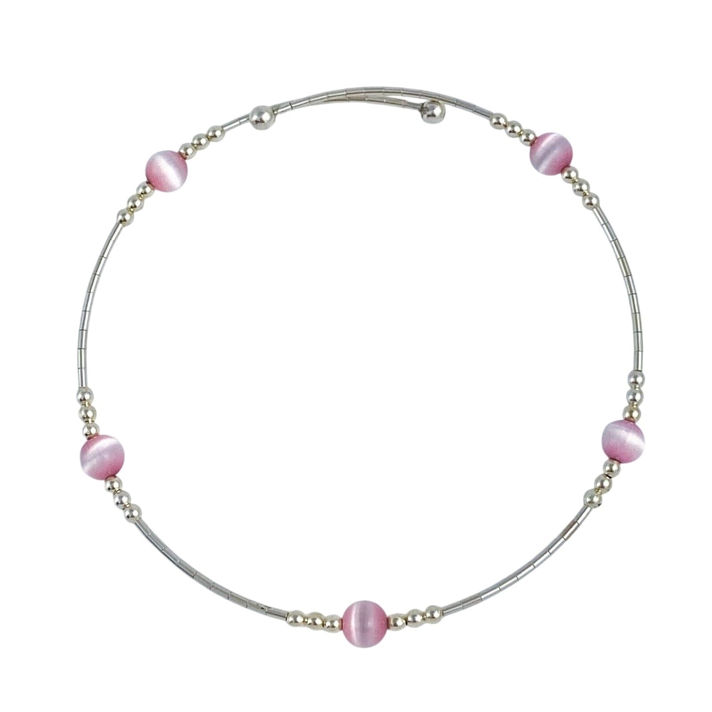 Vintage Sterling Silver 925 Pink Cat’s Eye Memory Wire Bracelet 7.5"