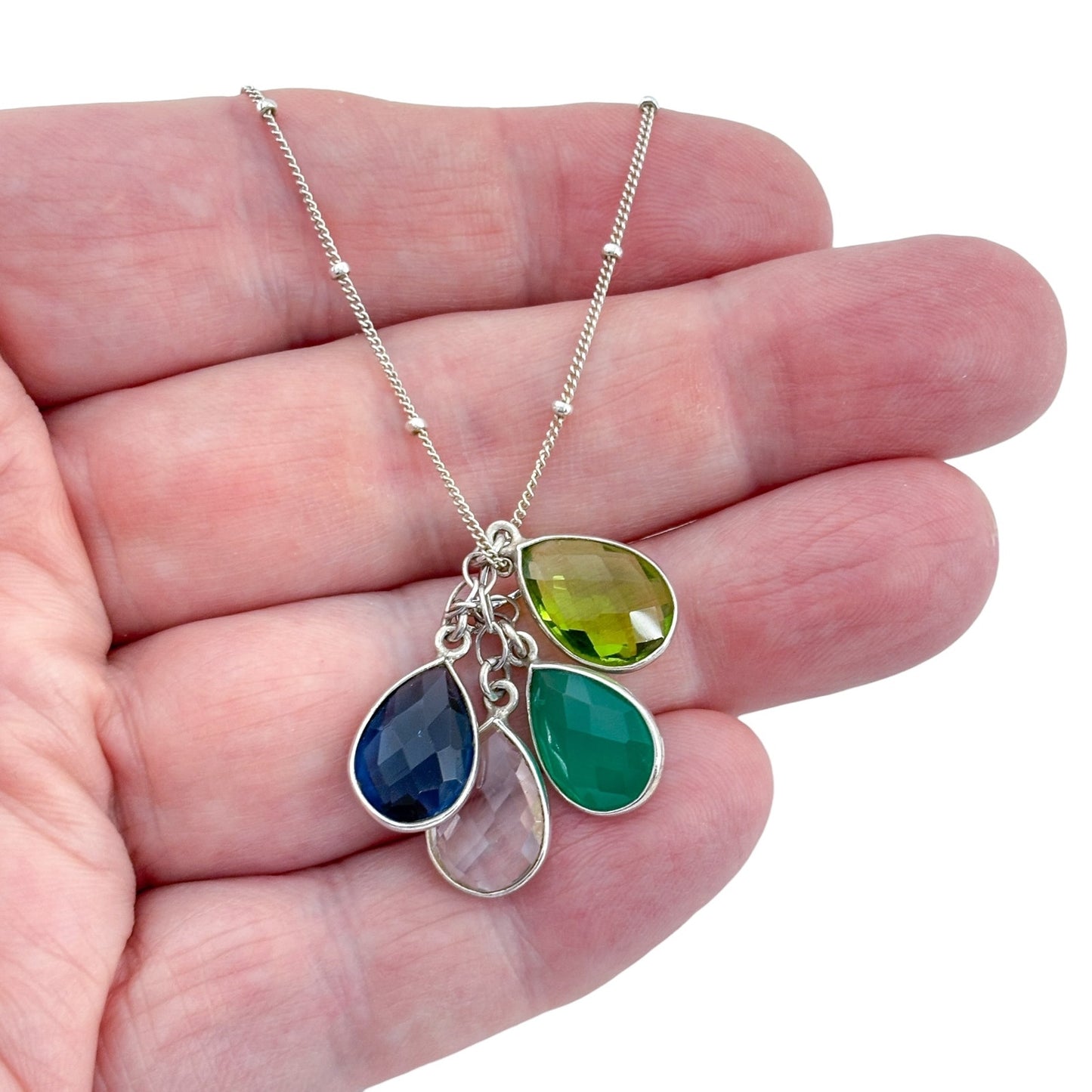 Vintage Sterling Silver 925 Blue Green Glass Teardrop Pendant Necklace 16"