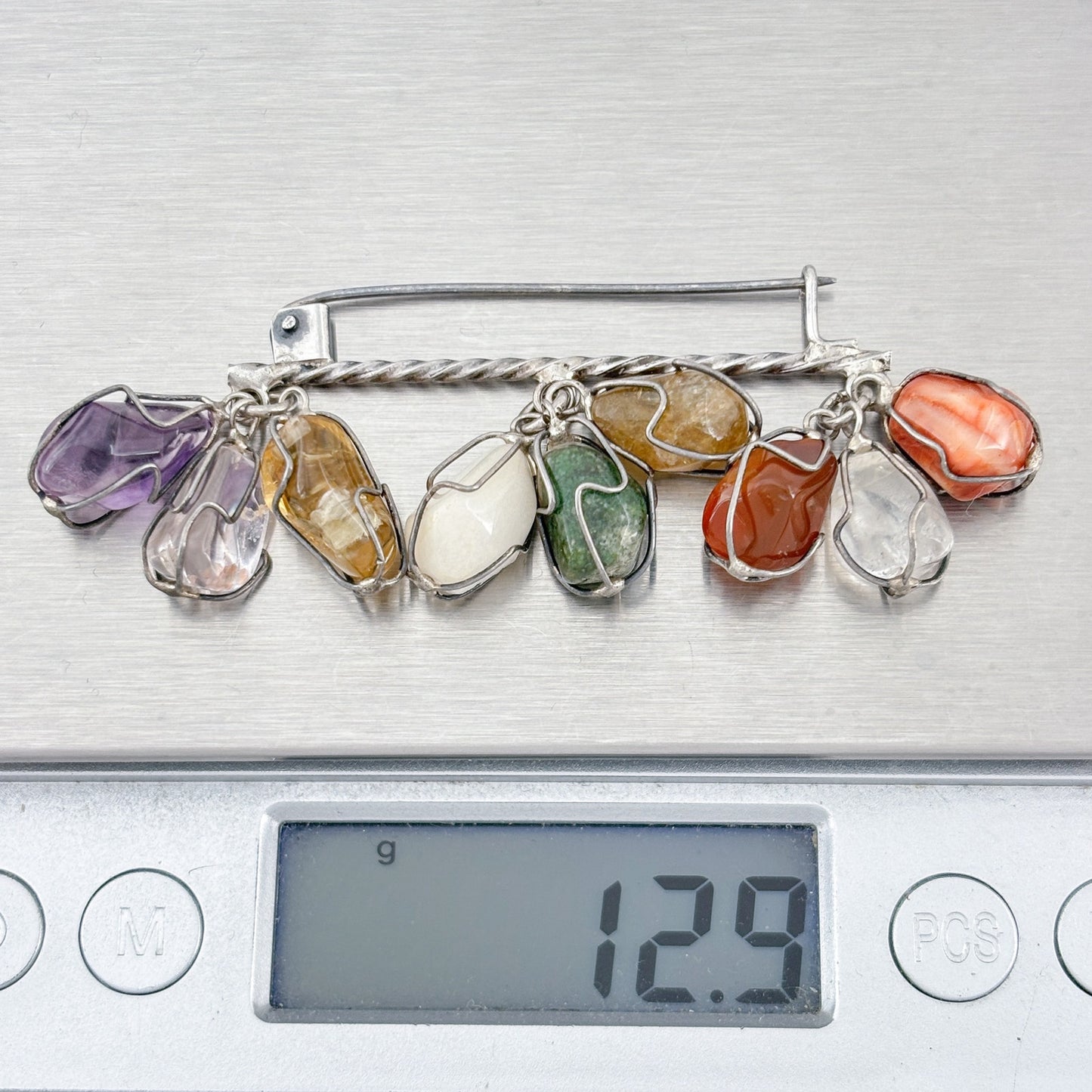 Vintage Sterling Silver 925 Multi Gemstone Bar Brooch
