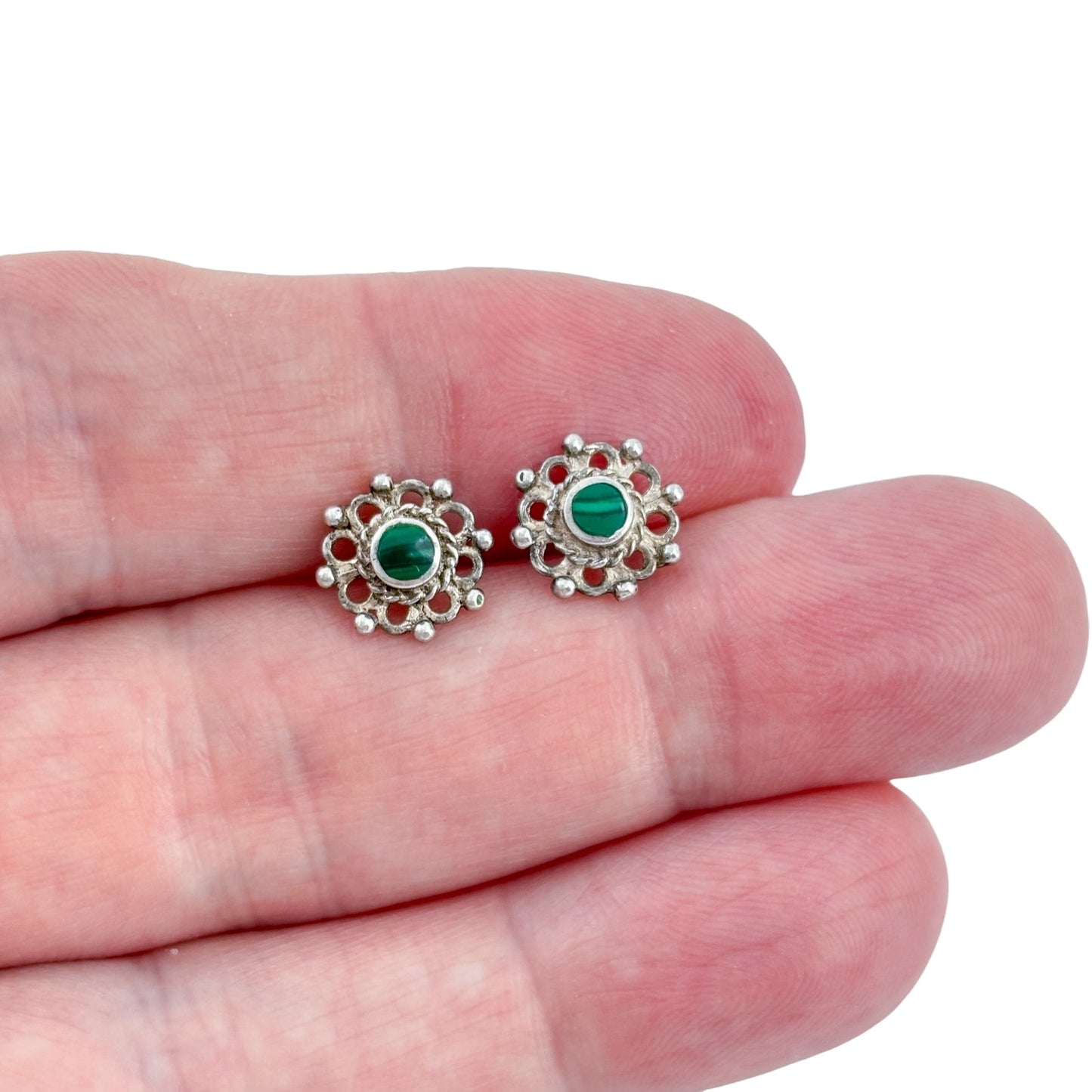 Vintage Sterling Silver 925 Malachite Filigree Stud Earrings