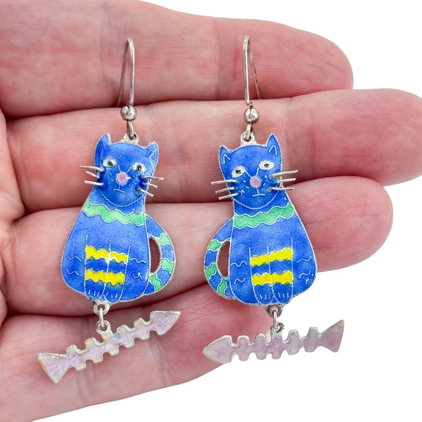 Vintage Sterling Silver 925 Blue Cat Earrings