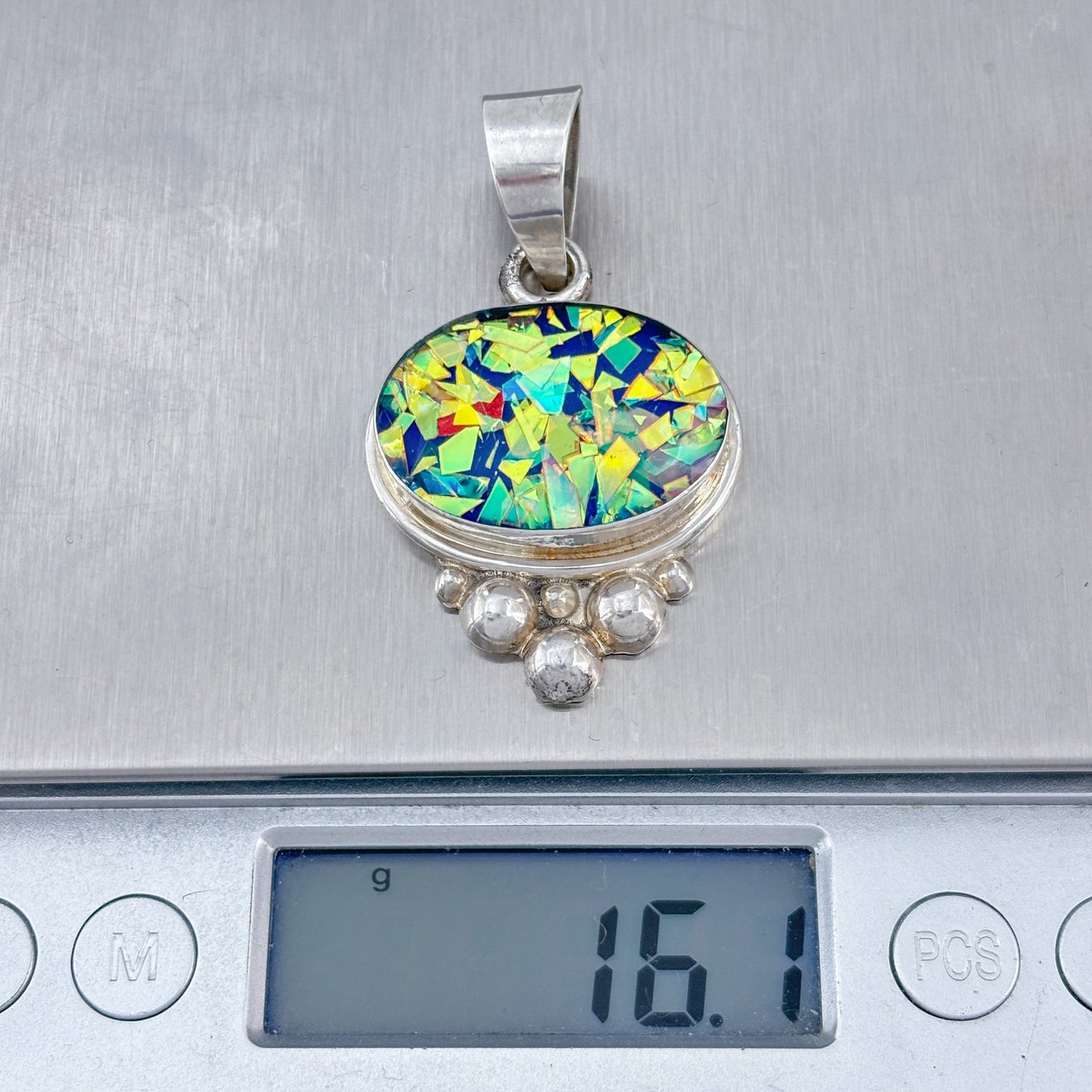 Vintage Sterling Silver 925 Iridescent Mosaic Pendant