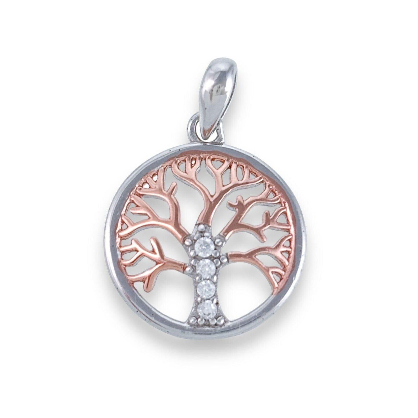 Vintage Sterling Silver 925 Rose Gold-Plate Cubic Zirconia Tree of Life Pendant