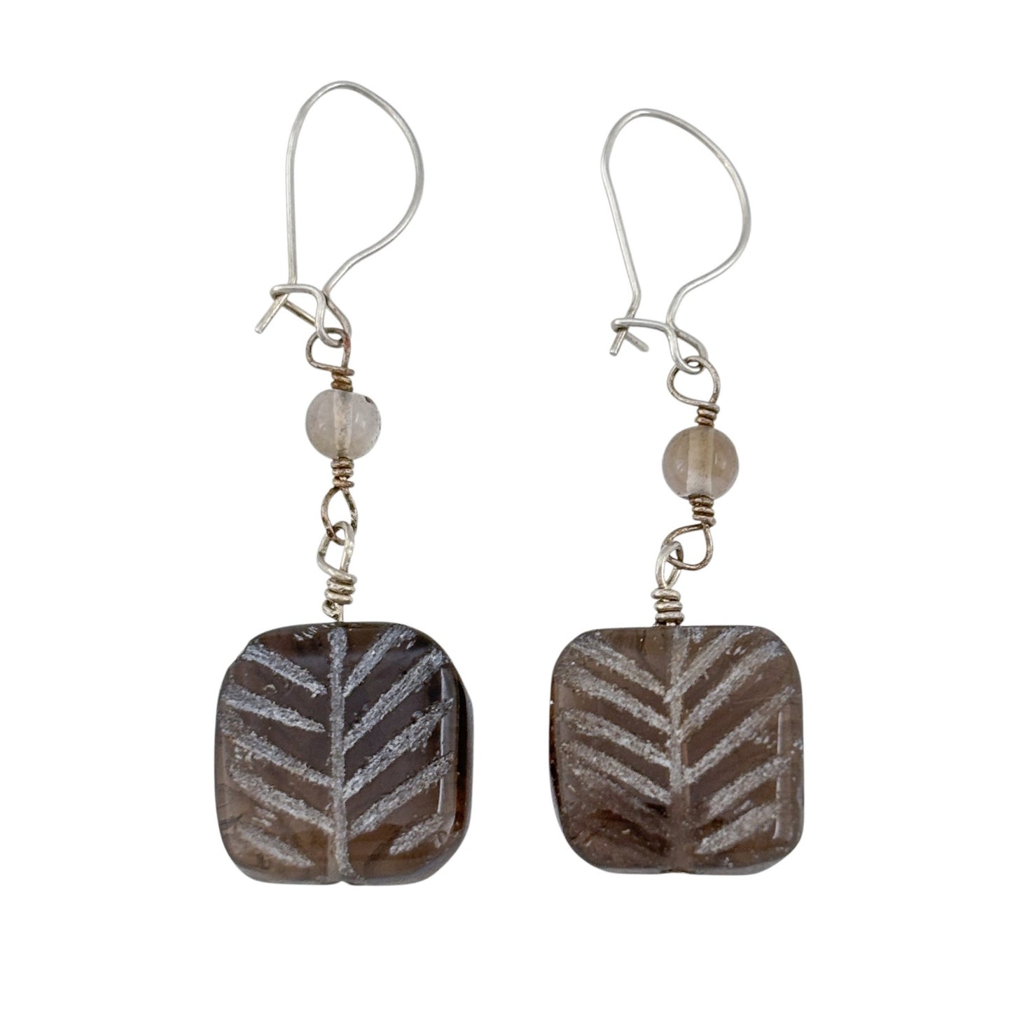 Vintage Sterling Silver 925 Smoky Quartz Etched Leaf Earrings