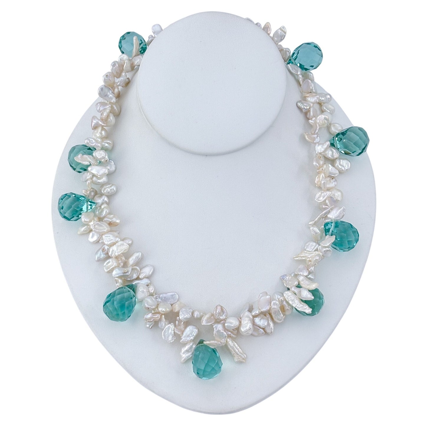 Vintage Sterling Silver 925 Pearl Teal Faceted Crystal Prism Necklace 19"