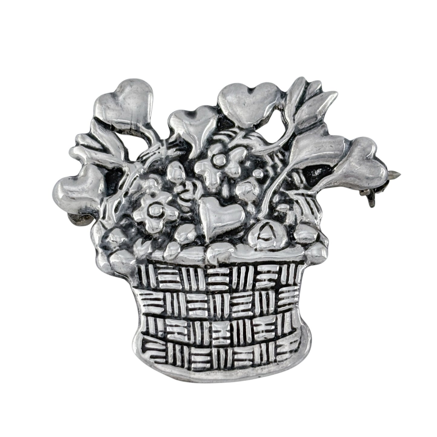 Vintage Sterling Silver 925 Mary Engelbreit Heart Flower Basket Brooch