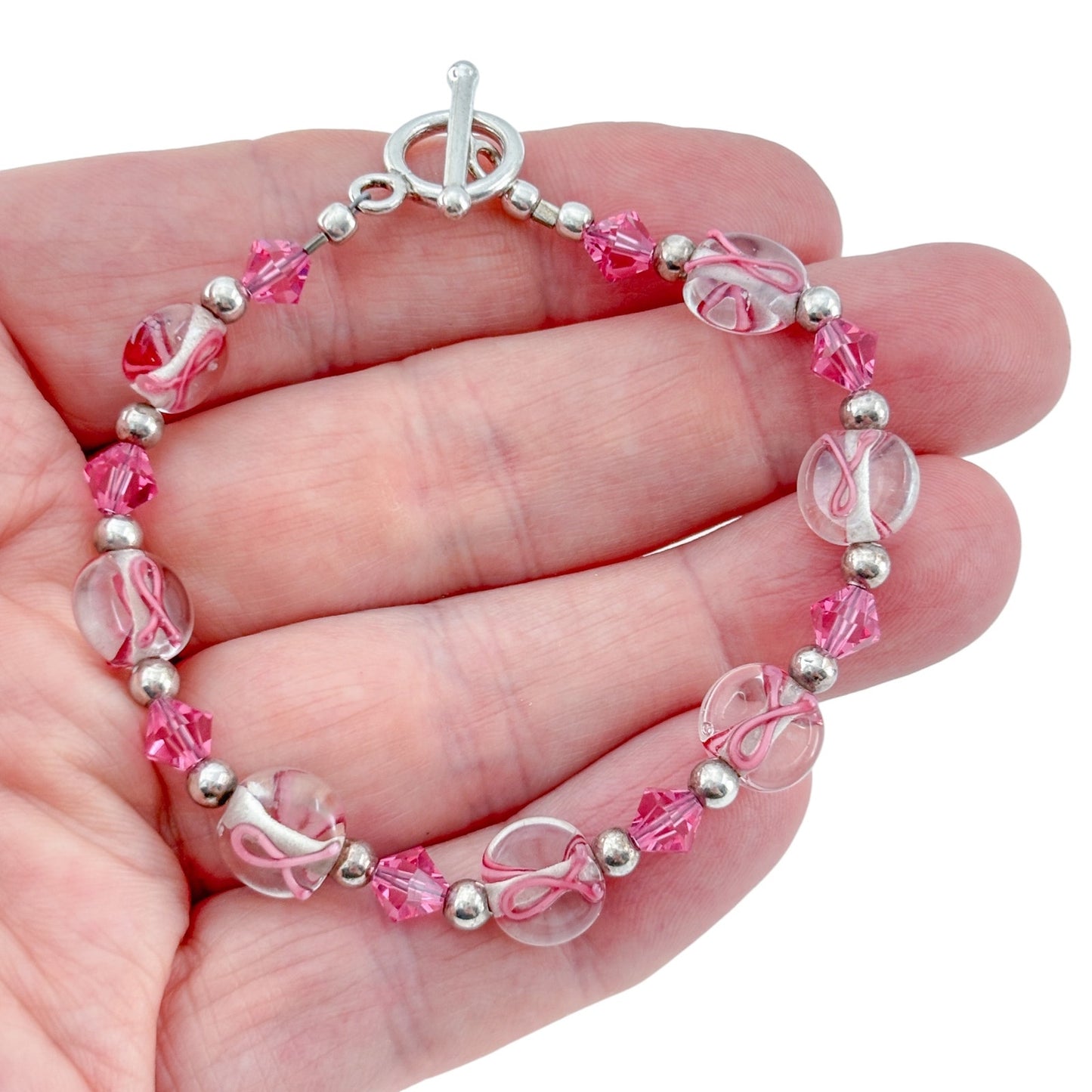 Vintage Sterling Silver 925 Lampwork Glass Pink Ribbon Awareness Bracelet 7.5"