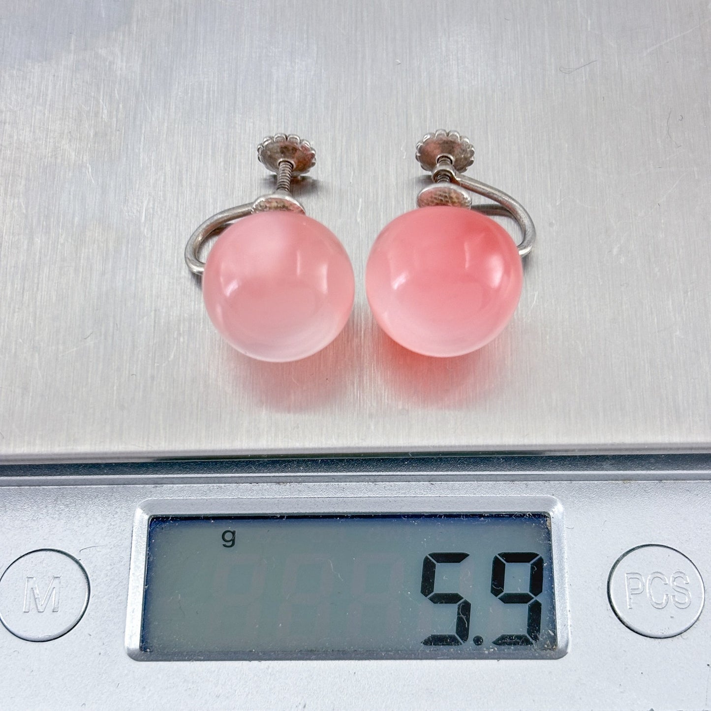 Vintage Sterling Silver 925 Pink Acrylic Screw Back Earrings