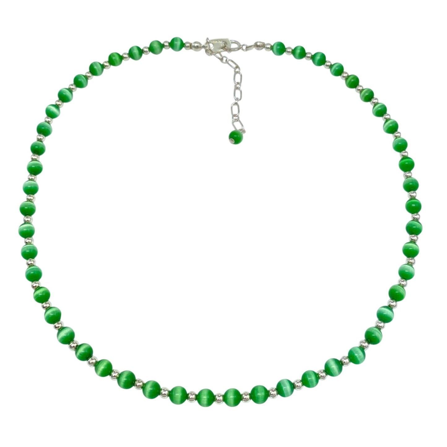 Vintage Sterling Silver 925 Green Cat’s Eye Necklace 16-17.5"
