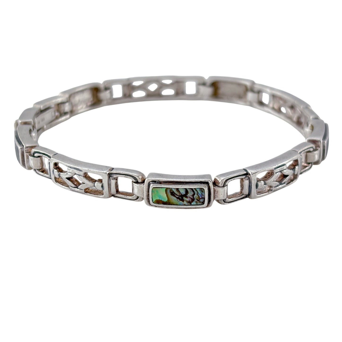 Vintage Sterling Silver 925 Abalone Inlay Link Bracelet 7"