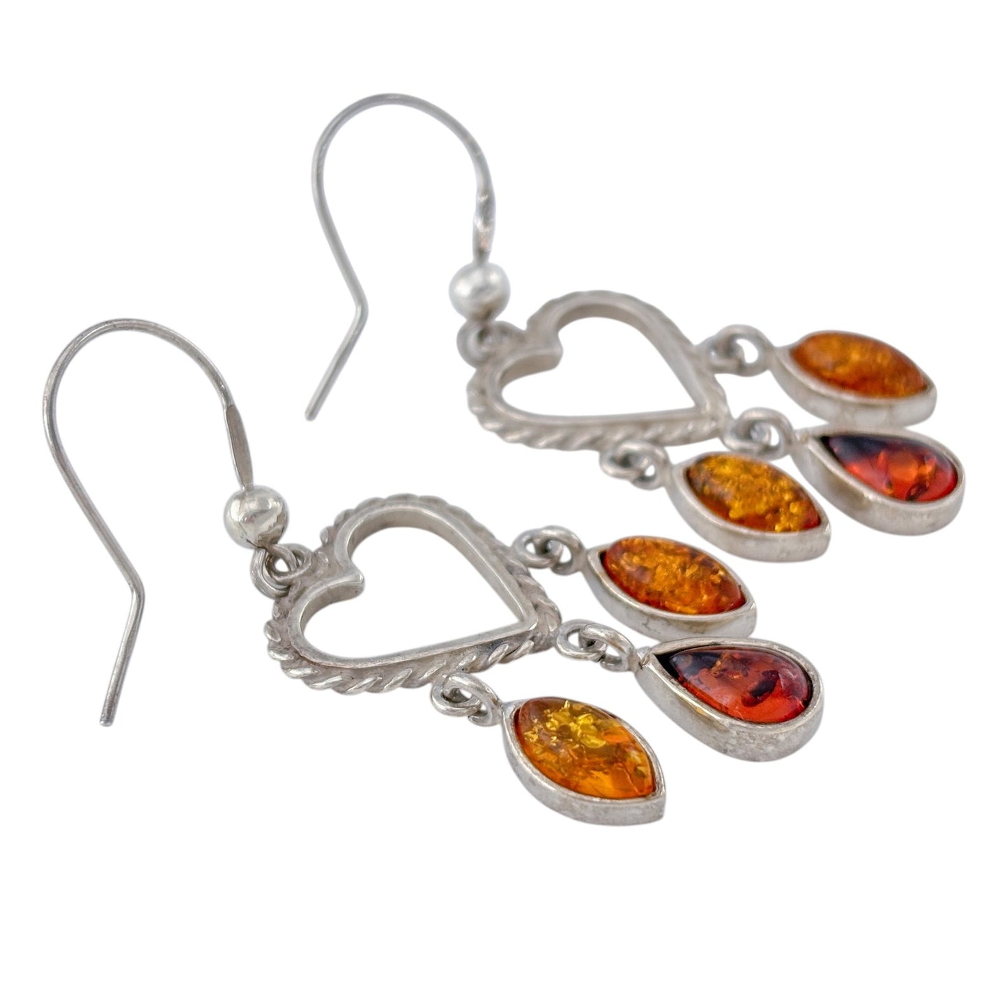 Vintage Sterling Silver 925 Amber Drop Heart Dangle Earrings