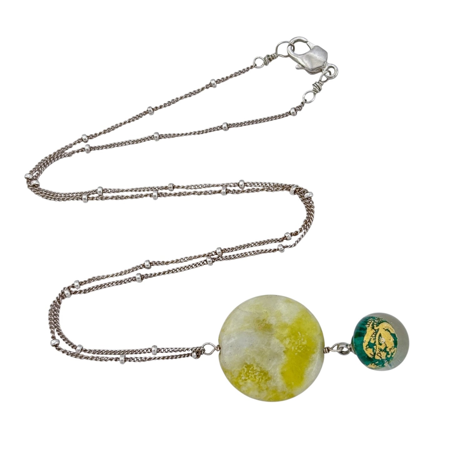 Vintage Sterling Silver 925 Yellow Glass Green Marble Pendant Necklace 17.5"