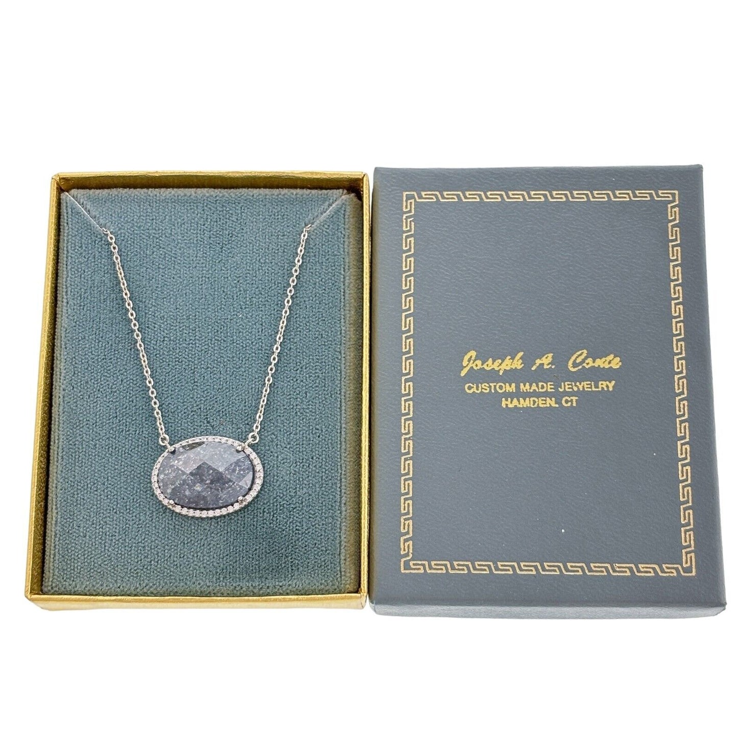 Vintage Sterling Silver 925 Dark Faceted Glass Pendant Necklace 15-17"