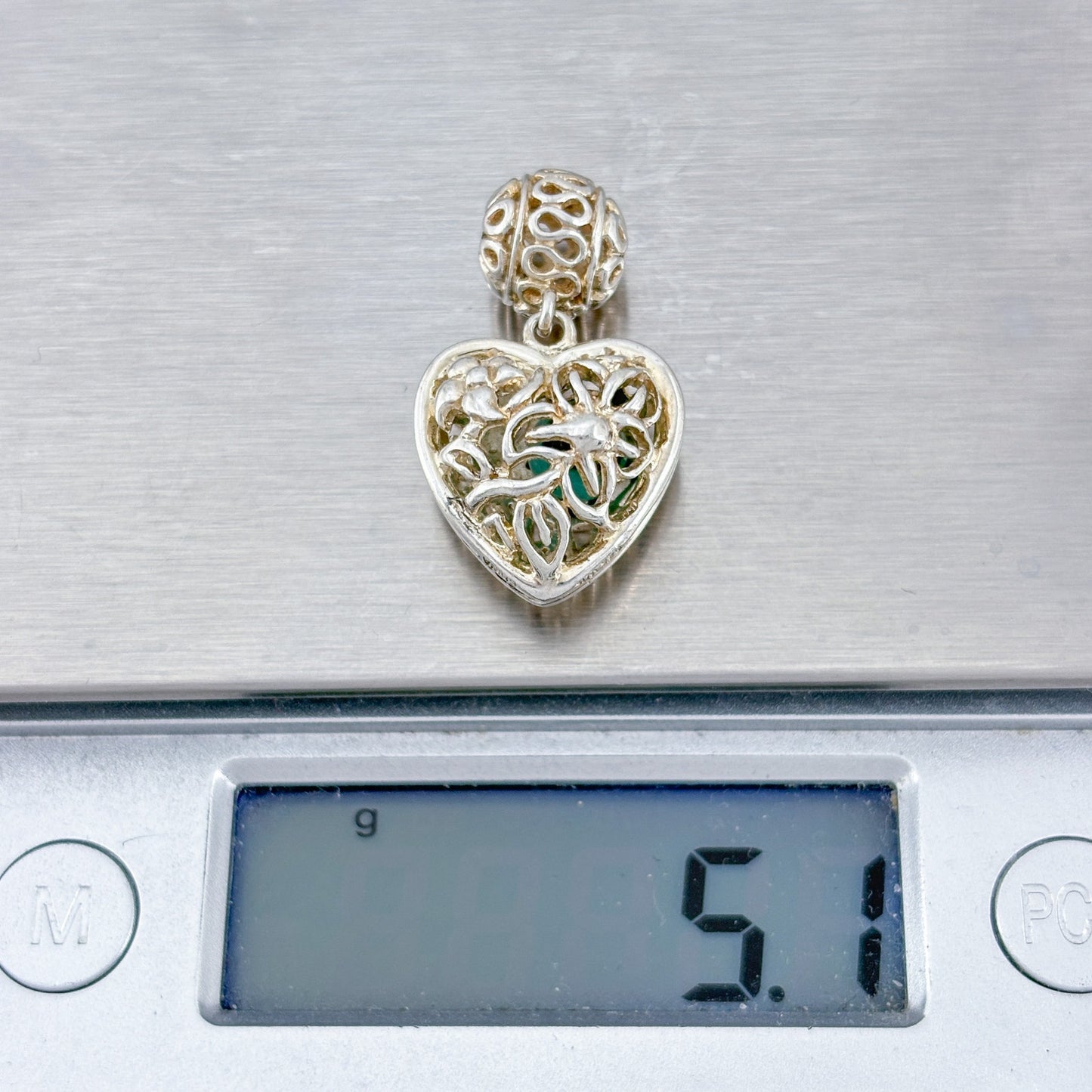 Vintage Sterling Silver 925 Green Stone Heart Cage Pendant