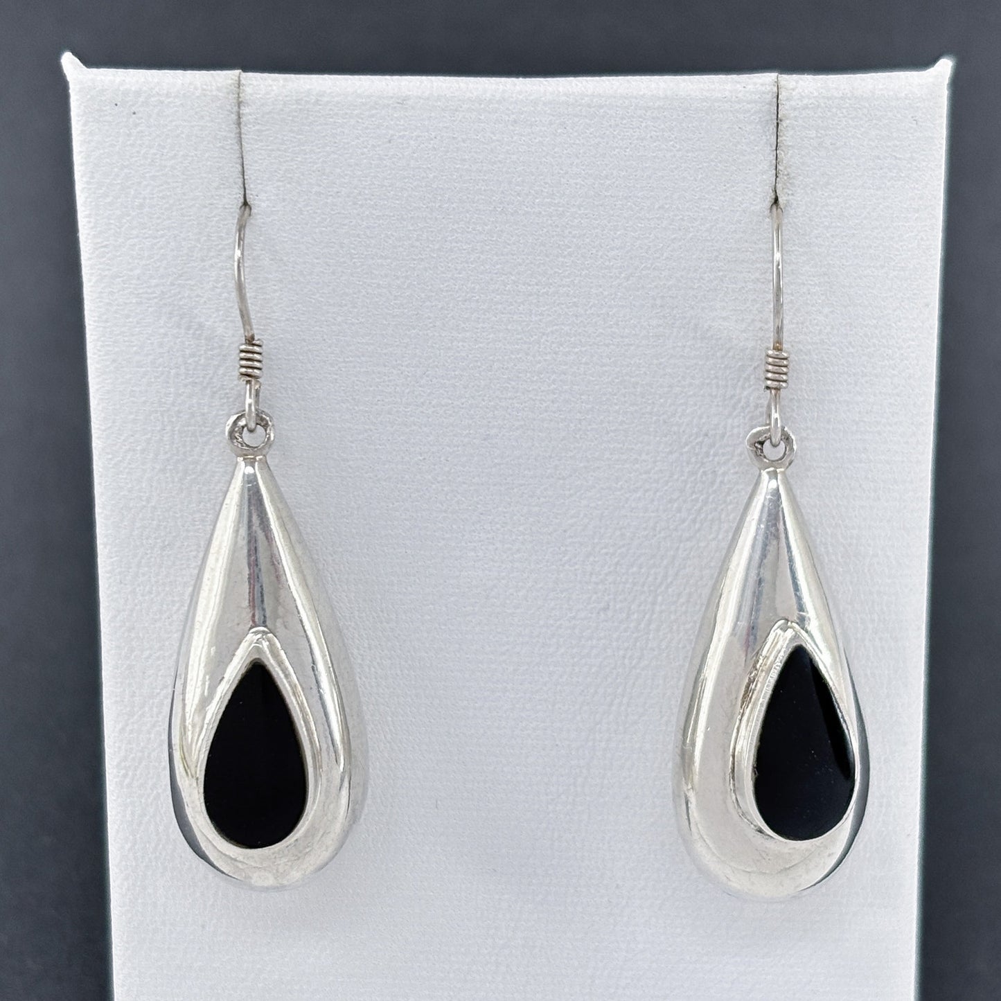 Estate Sterling Silver 925 Black Onyx Teardrop Earrings