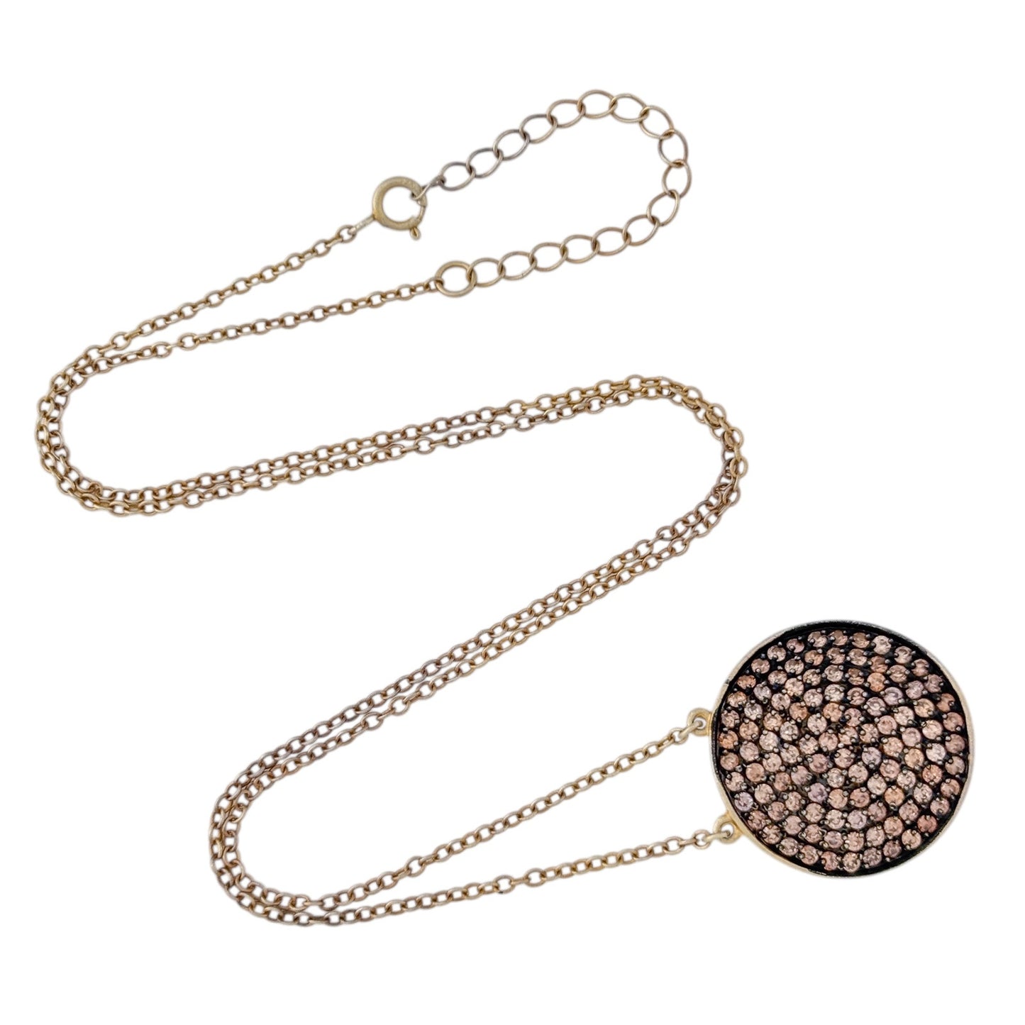Vintage Gold-Tone Sterling Silver 925 Pave Crystal Disc Pendant Necklace 17"-19"