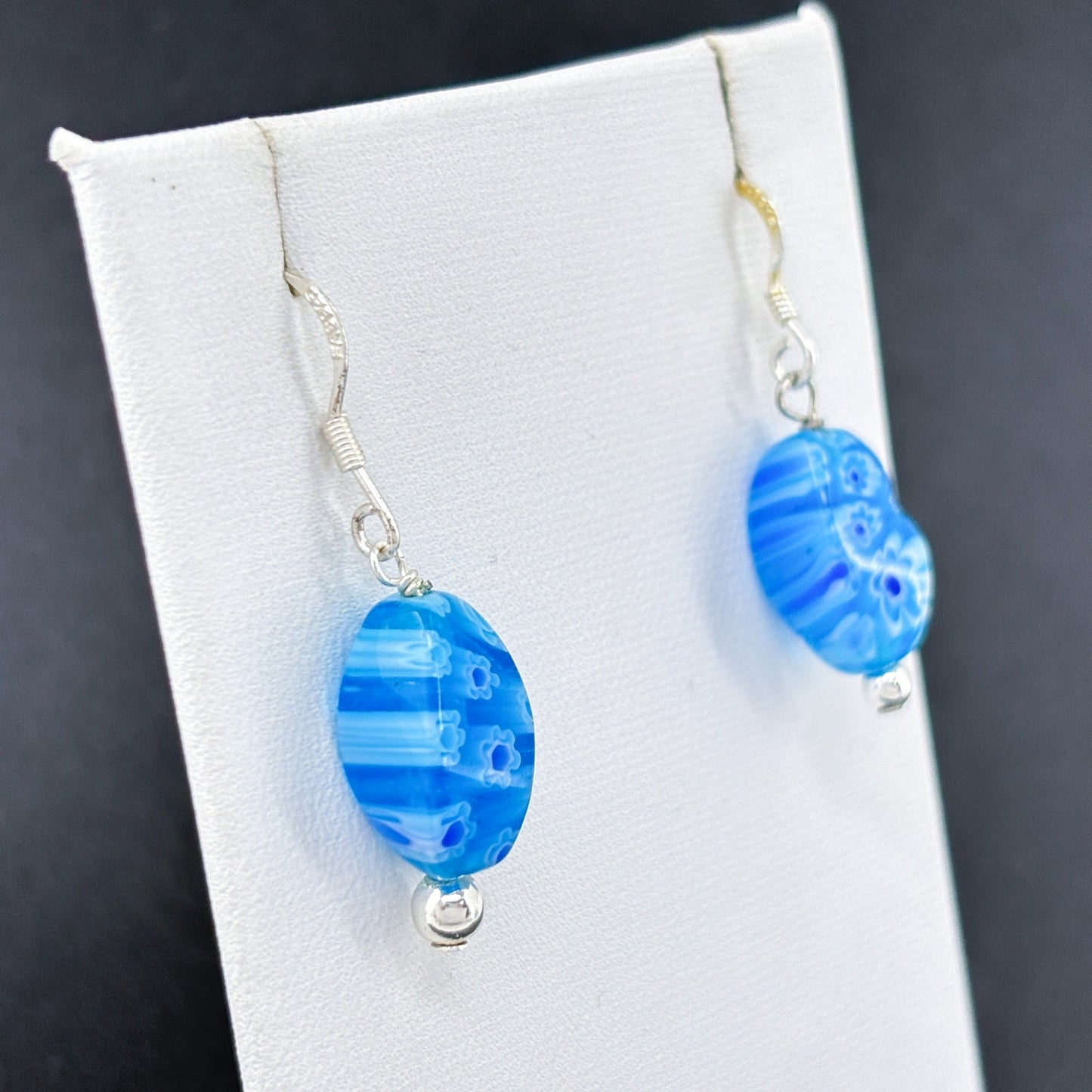 Estate Sterling Silver 925 Blue Millefiori Glass Bead Earrings