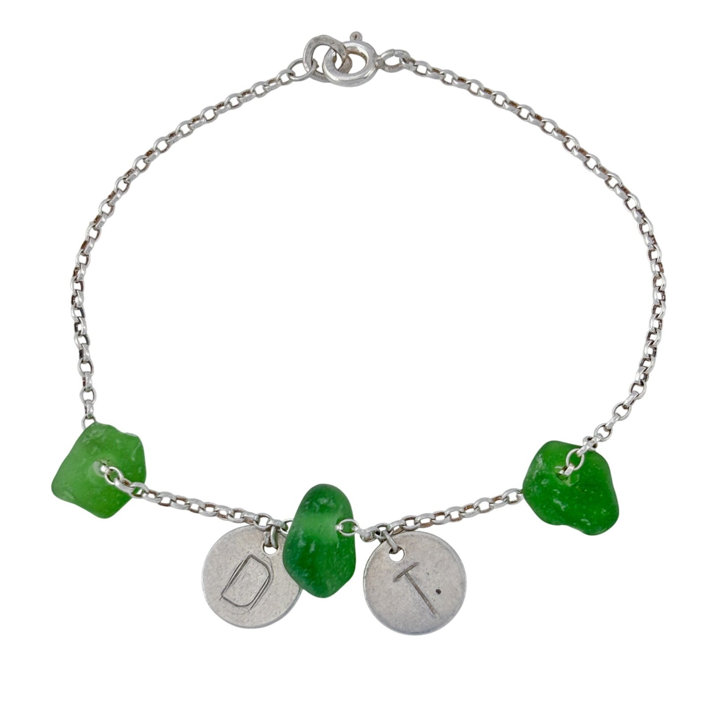 Vintage Sterling Silver 925 Sea Glass Initial DT or TD Bracelet 7"