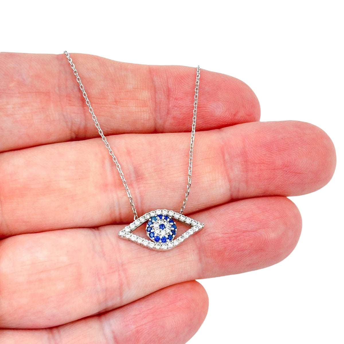Vintage Sterling Silver 925 White Blue Crystal Evil Eye Necklace | 16"-18"