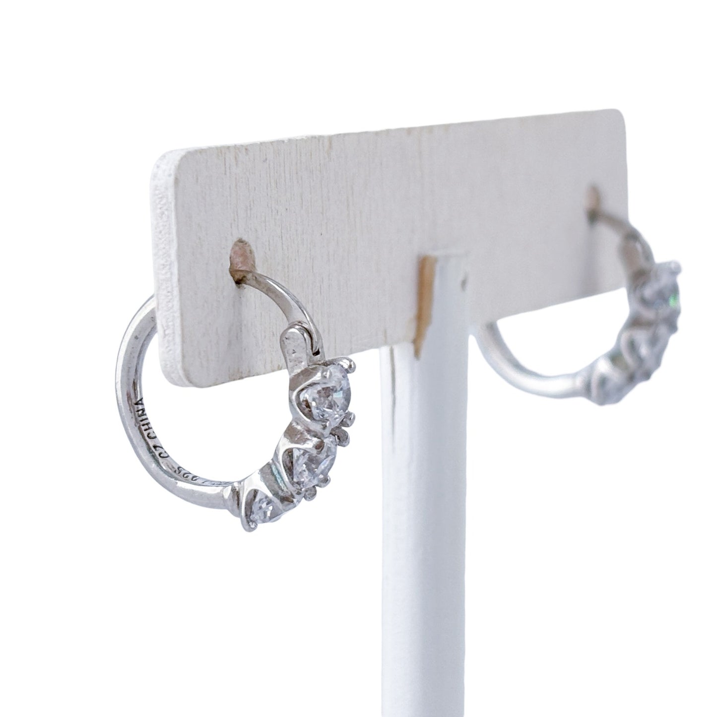 Vintage Sterling Silver 925 Cubic Zirconia Huggie Hoop Earrings