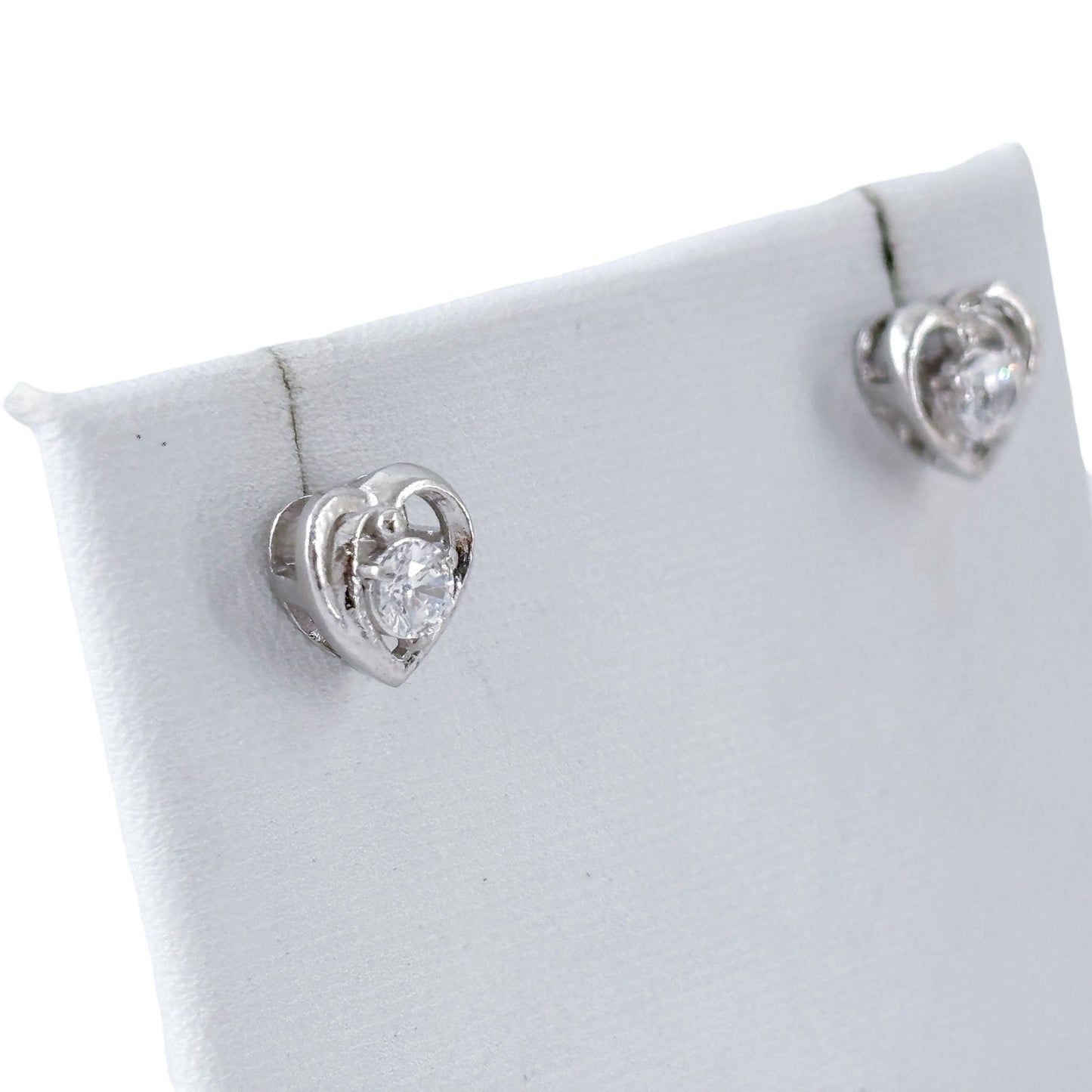 Vintage Sterling Silver 925 Cubic Zirconia Heart Stud Earrings