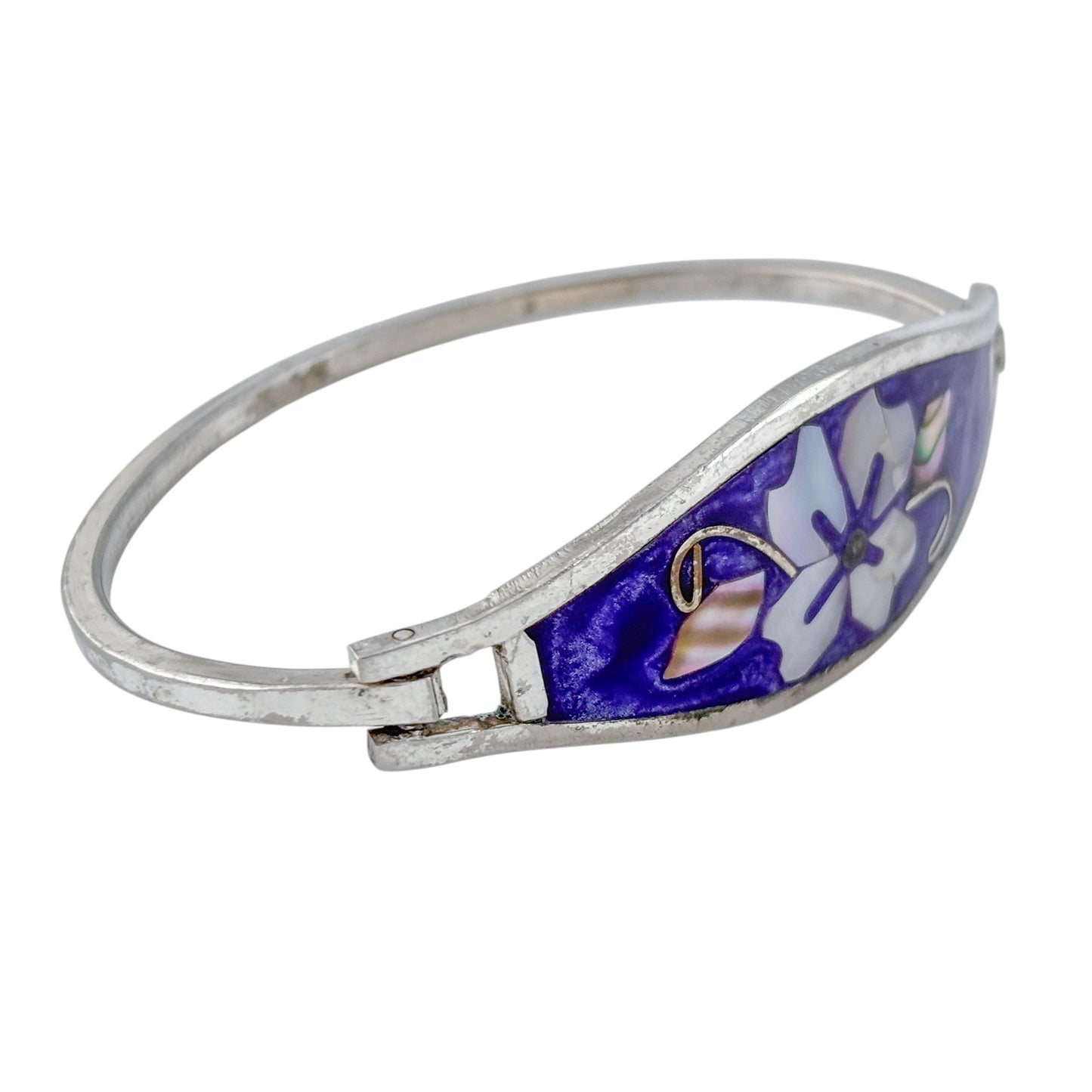Vintage Alpaca Mexico Purple Abalone Flower Bangle Bracelet 6"