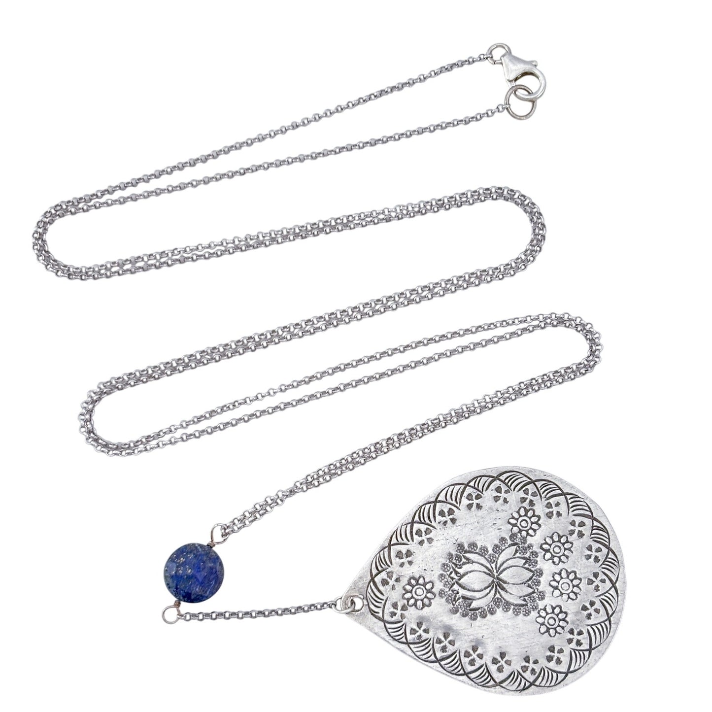 Vintage Sterling Silver 925 Lapis Lazuli Lotus Pendant Necklace 34"