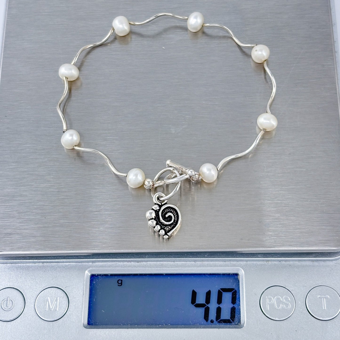 Vintage Sterling Silver 925 Pearl Heart Charm Bracelet 7"