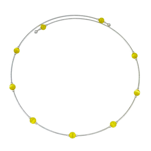 Vintage Sterling Silver 925 Yellow Cat’s Eye Memory Wire Necklace 16"