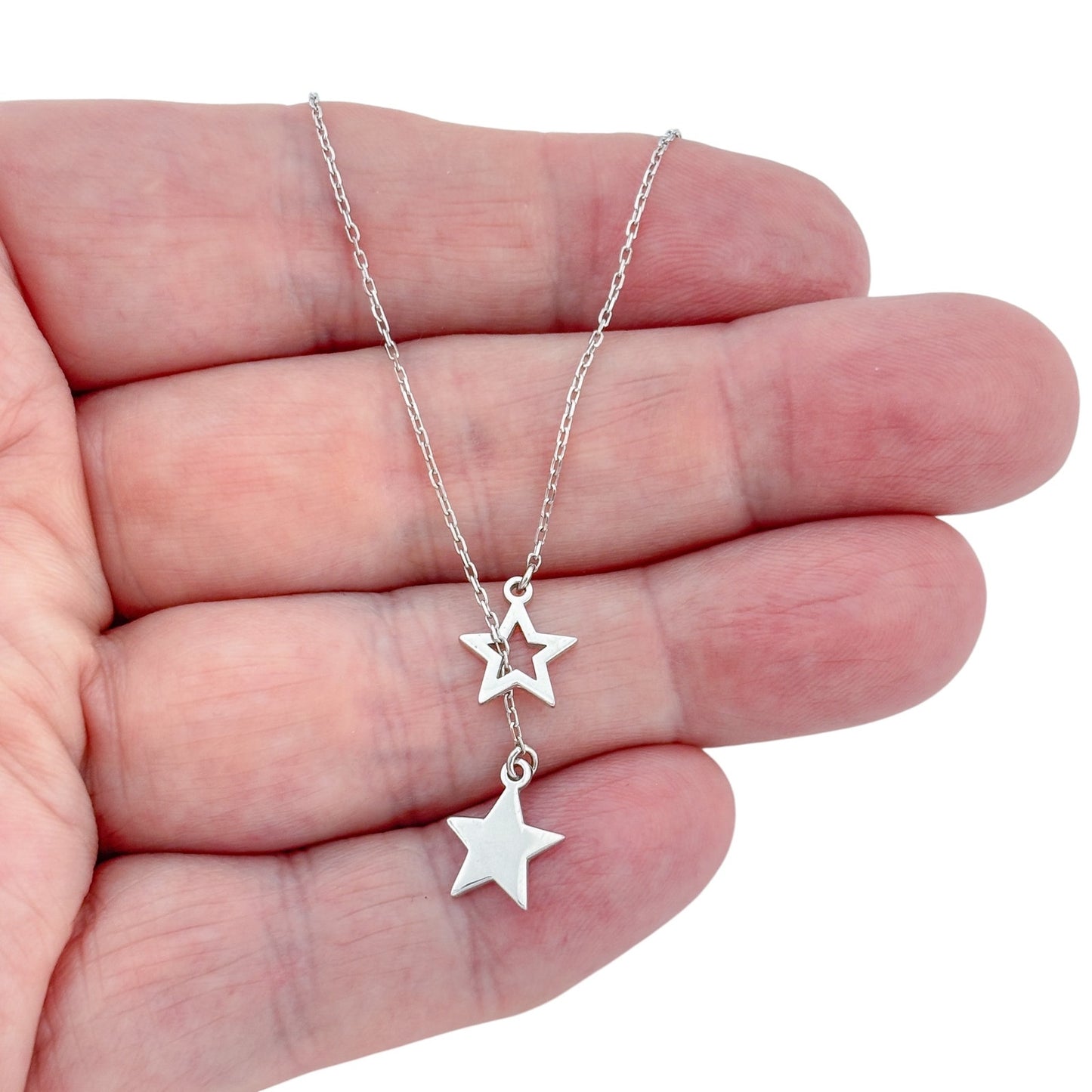 Vintage Sterling Silver 925 Double Star Pendant Necklace 14"-15.5"