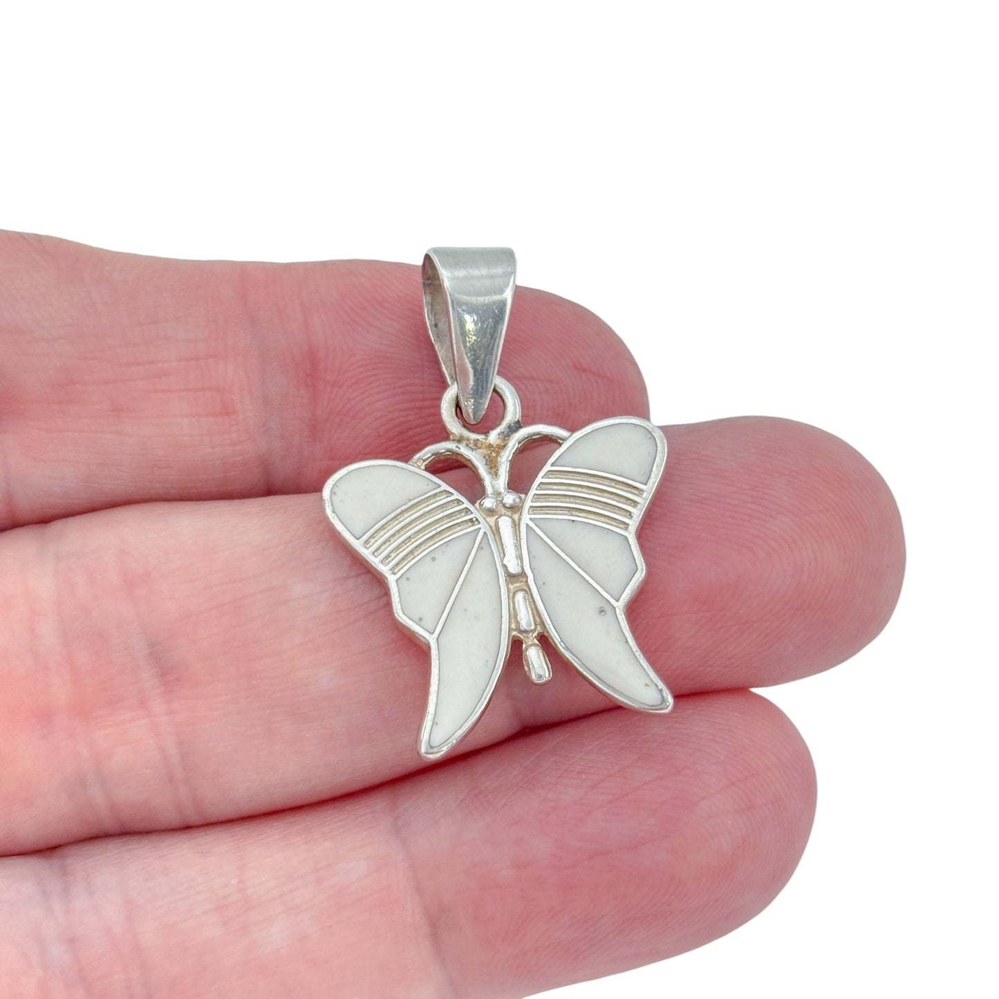 Vintage Mexico Taxco Sterling Silver 925 White Enamel Butterfly Pendant