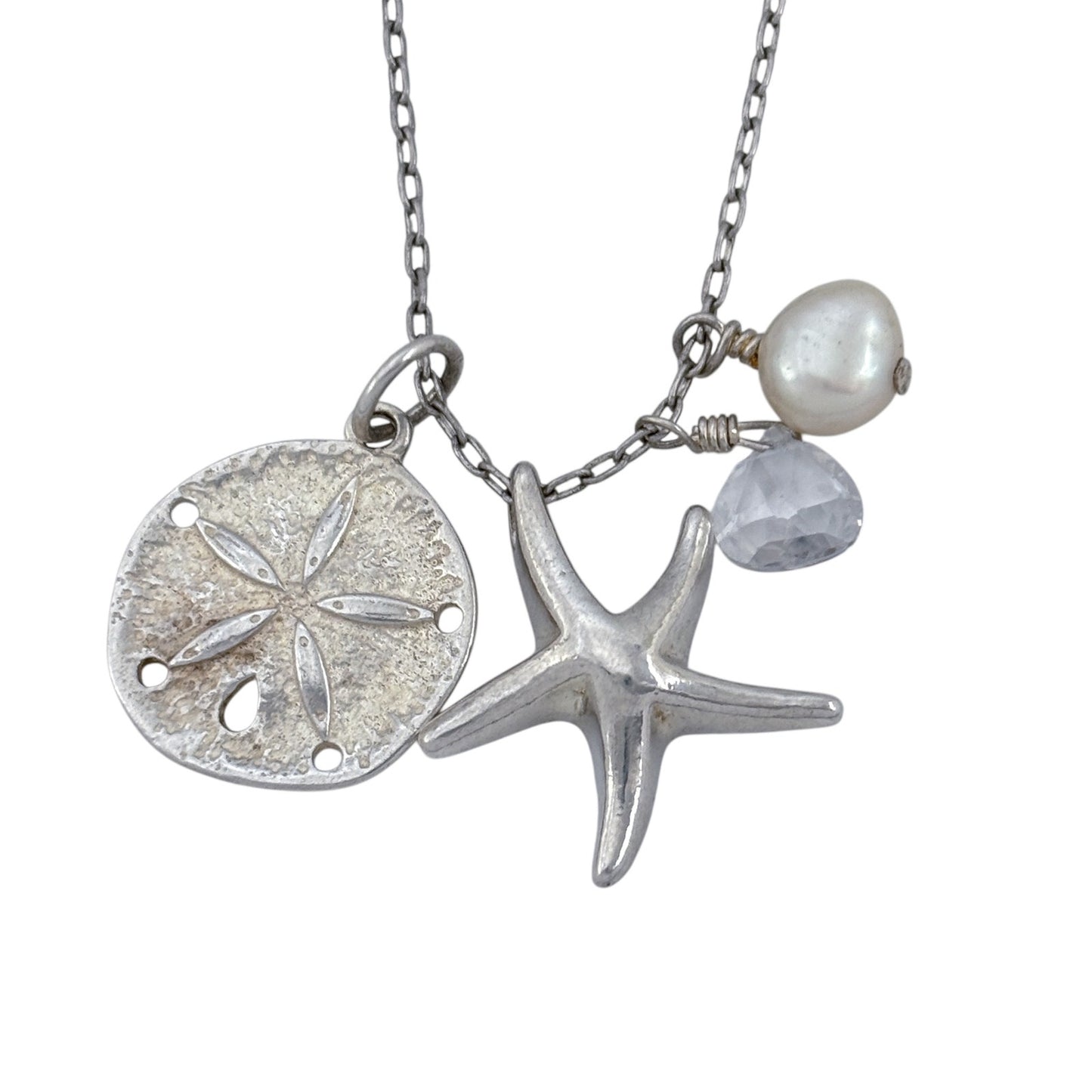 Vintage Sterling Silver 925 Sand Dollar Starfish Pearl Necklace 17.5"