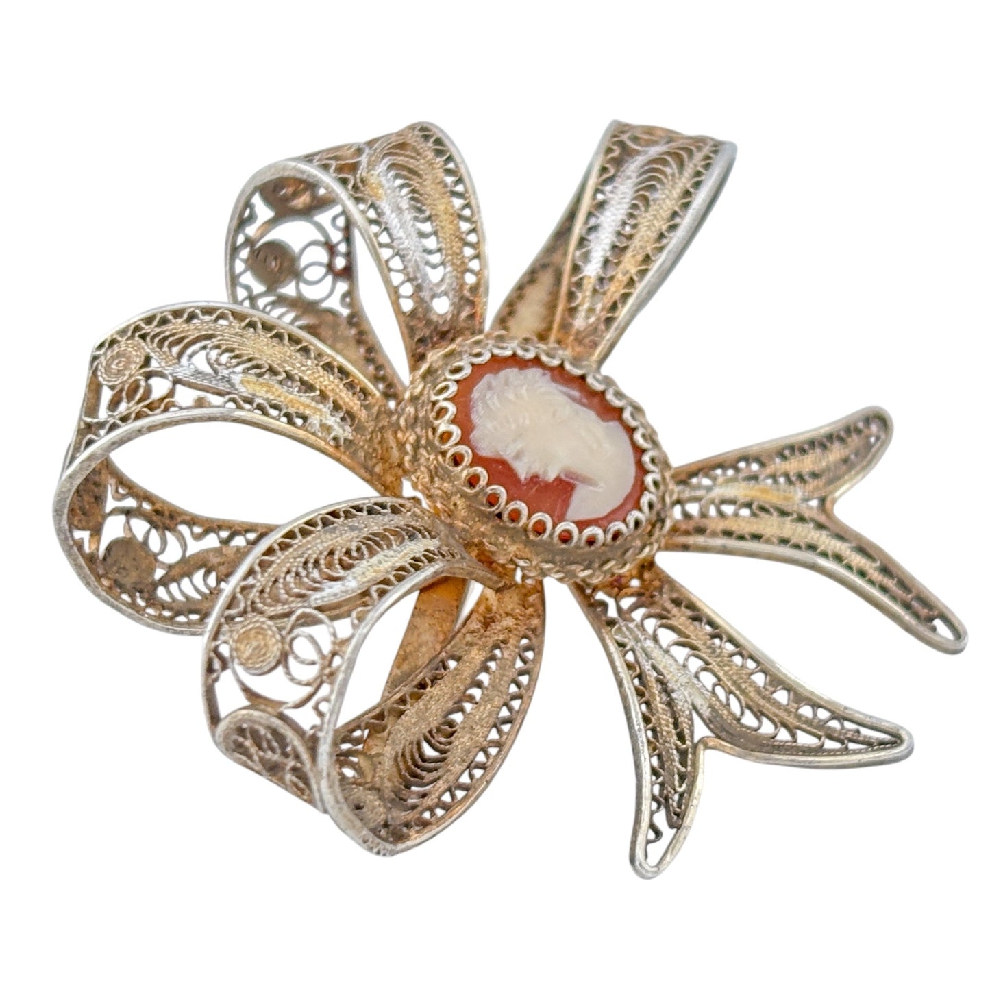 Vintage Vermeil Over Sterling Silver 800 Shell Cameo Filigree Bow Brooch