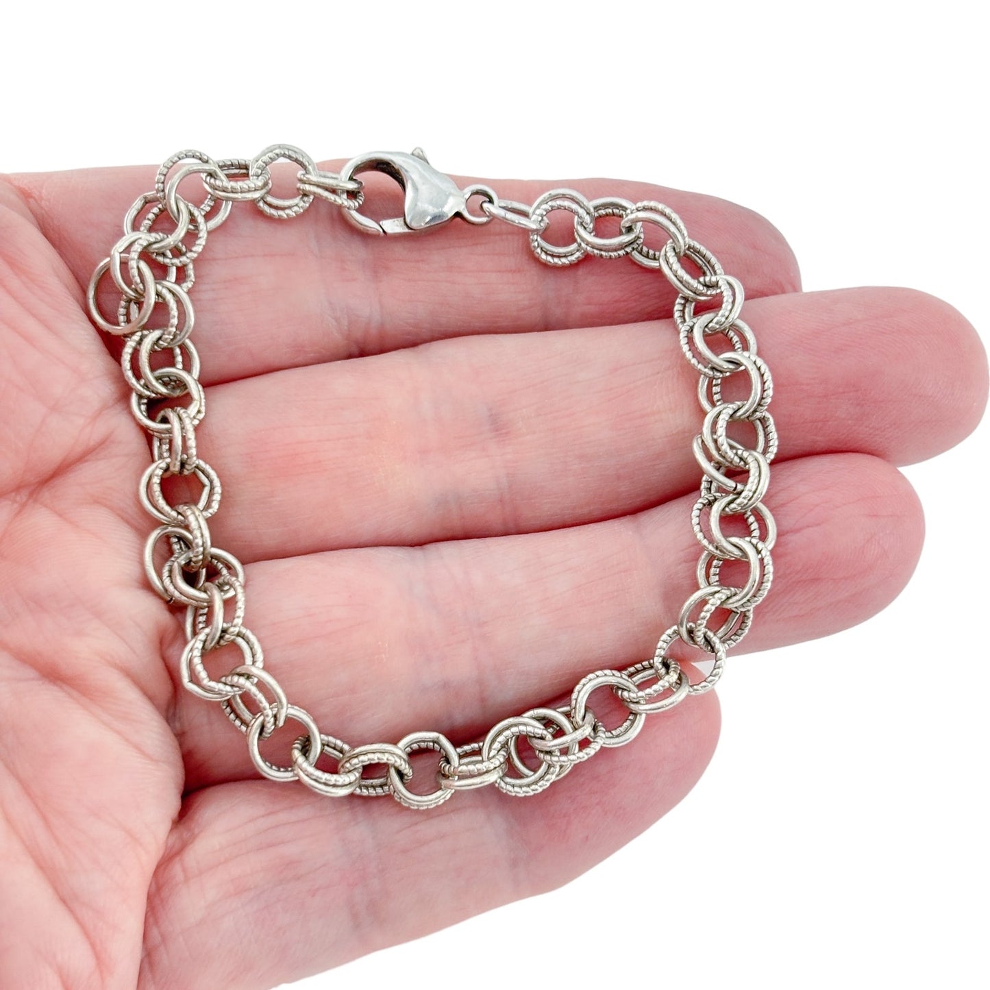 Vintage Sterling Silver 925 Round Link Charm Bracelet 7.5"