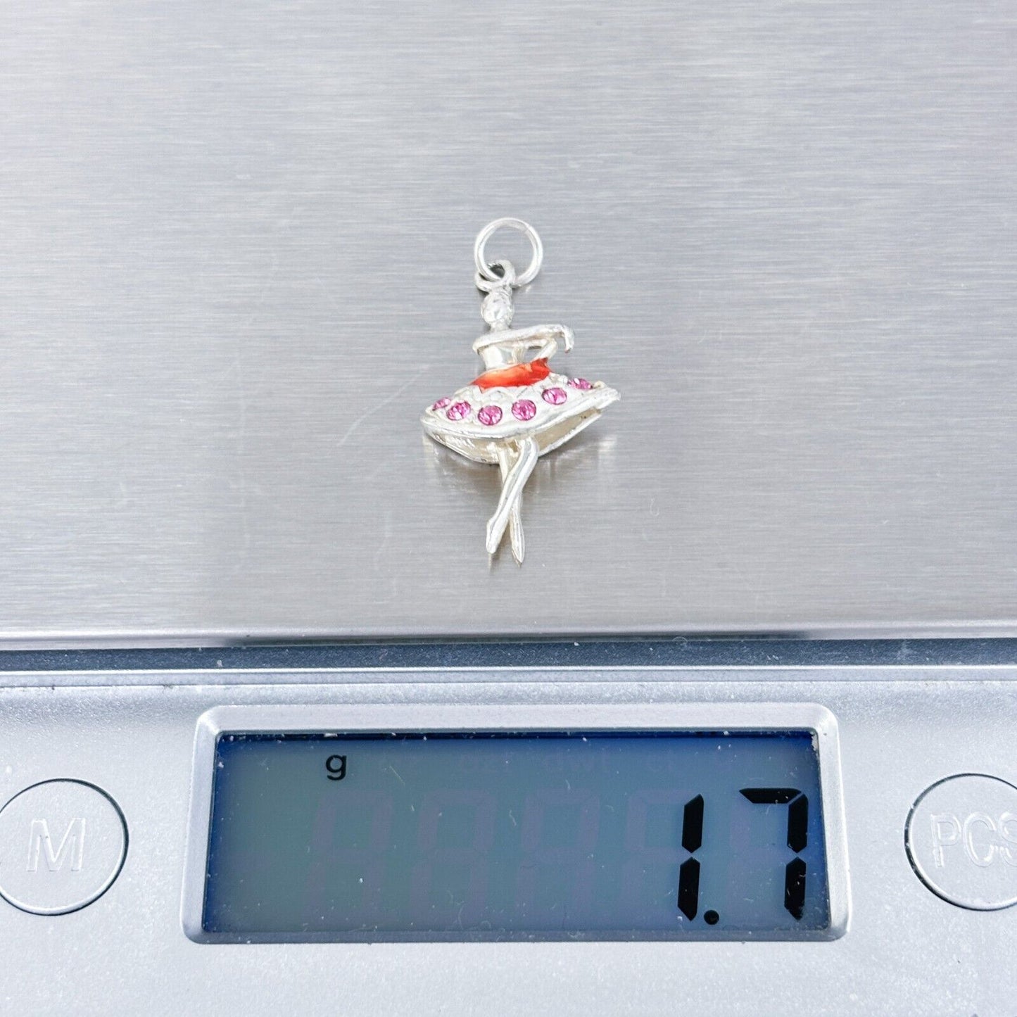 Vintage Sterling Silver 925 Pink Cubic Zirconia & Enamel Ballerina Pendant