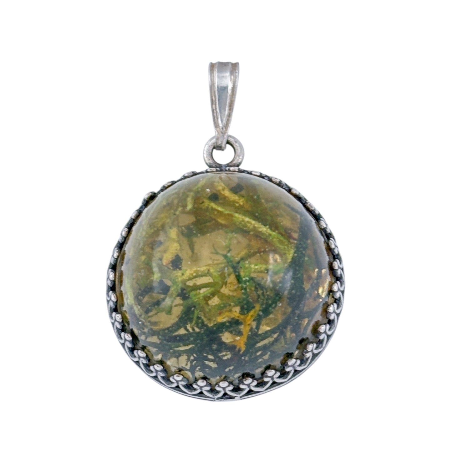 Vintage Sterling Silver 925 Moss Resin Pendant