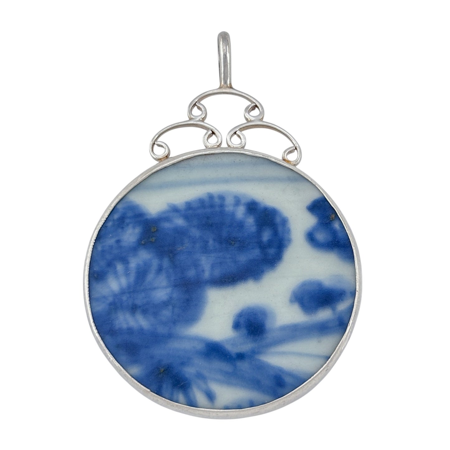 Vintage Sterling Silver 925 Blue White Porcelain Pendant