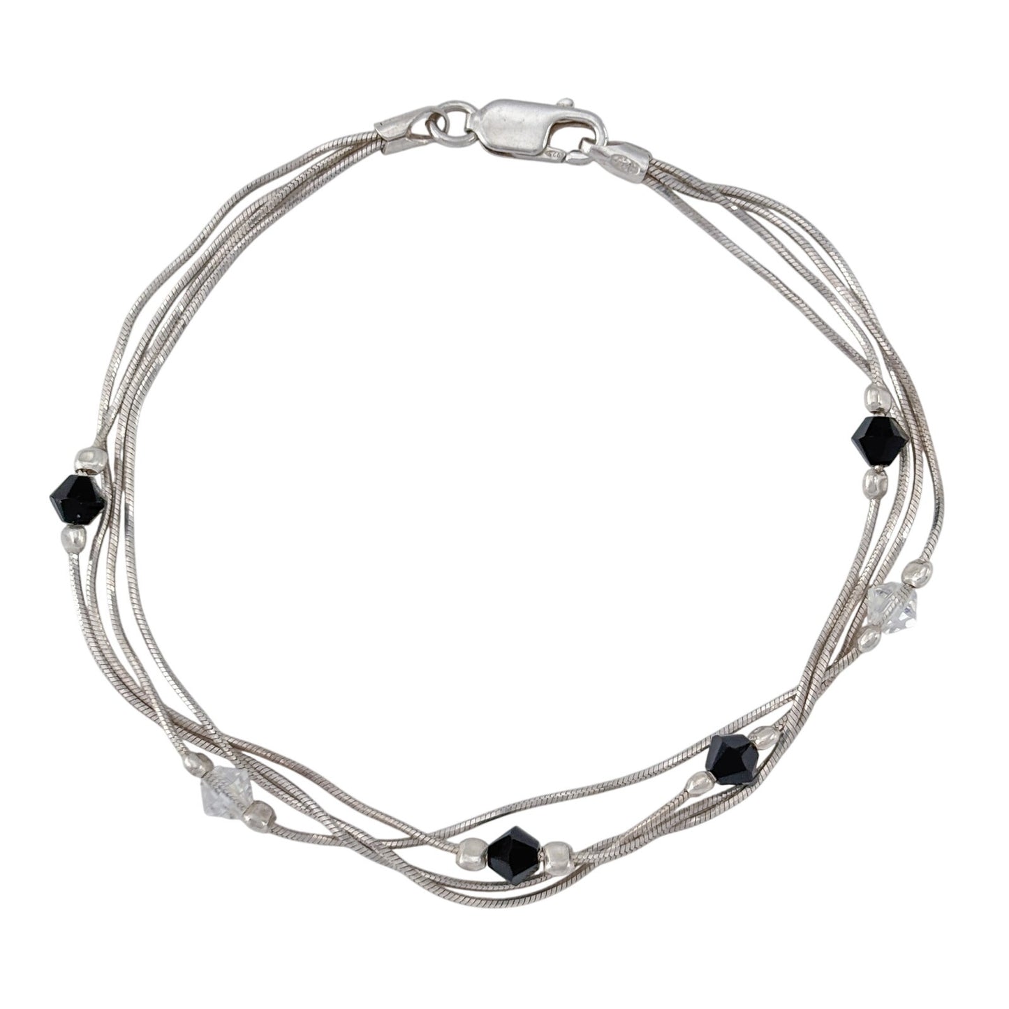 Vintage Sterling Silver 925 Multi Strand Crystal Bead Bracelet 7.25"