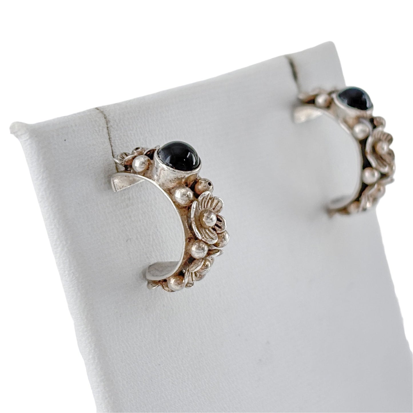 Vintage Sterling Silver 925 Onyx Floral Hoop Earrings