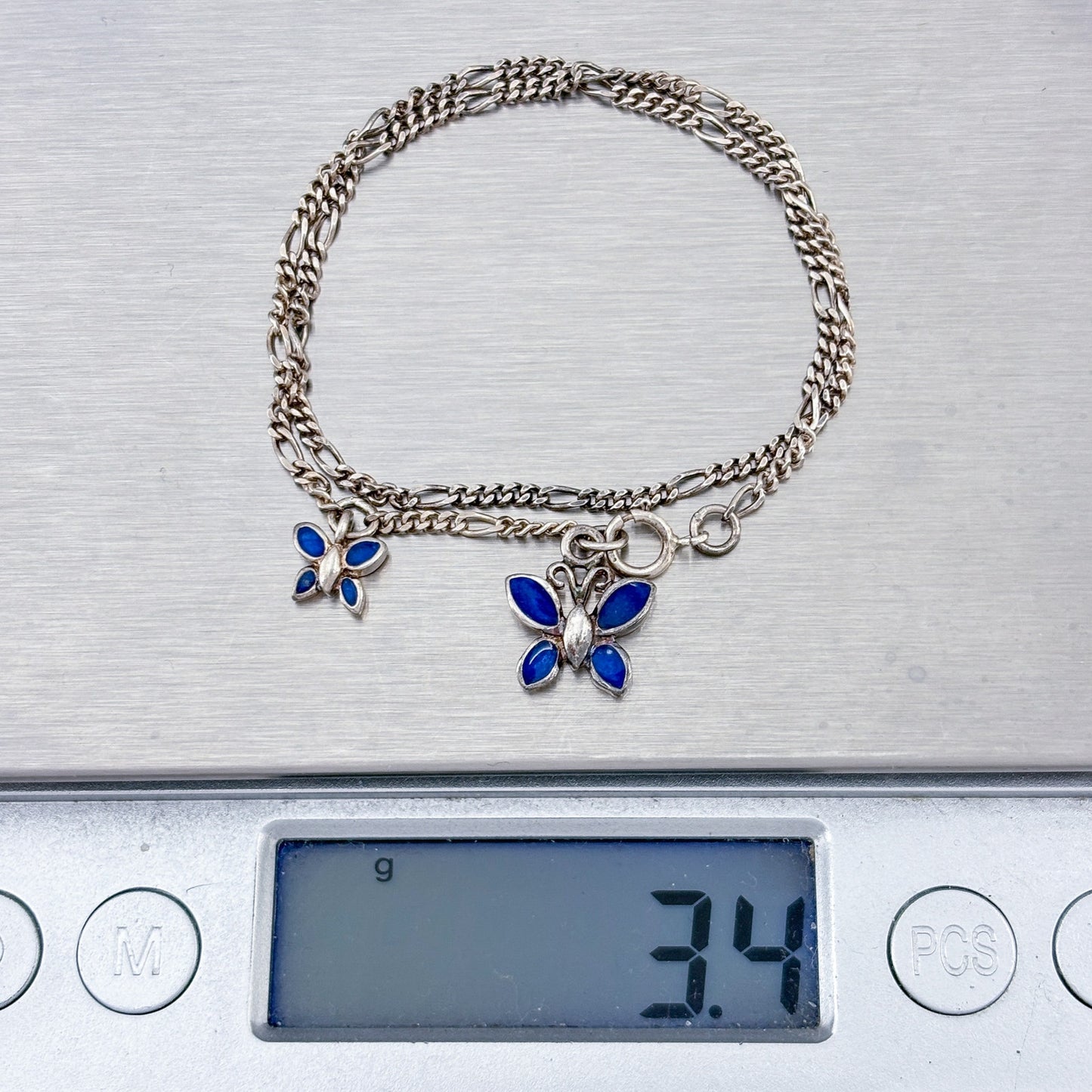 Vintage Sterling Silver 925 Blue Butterfly Anklet 9.5"-10.5"