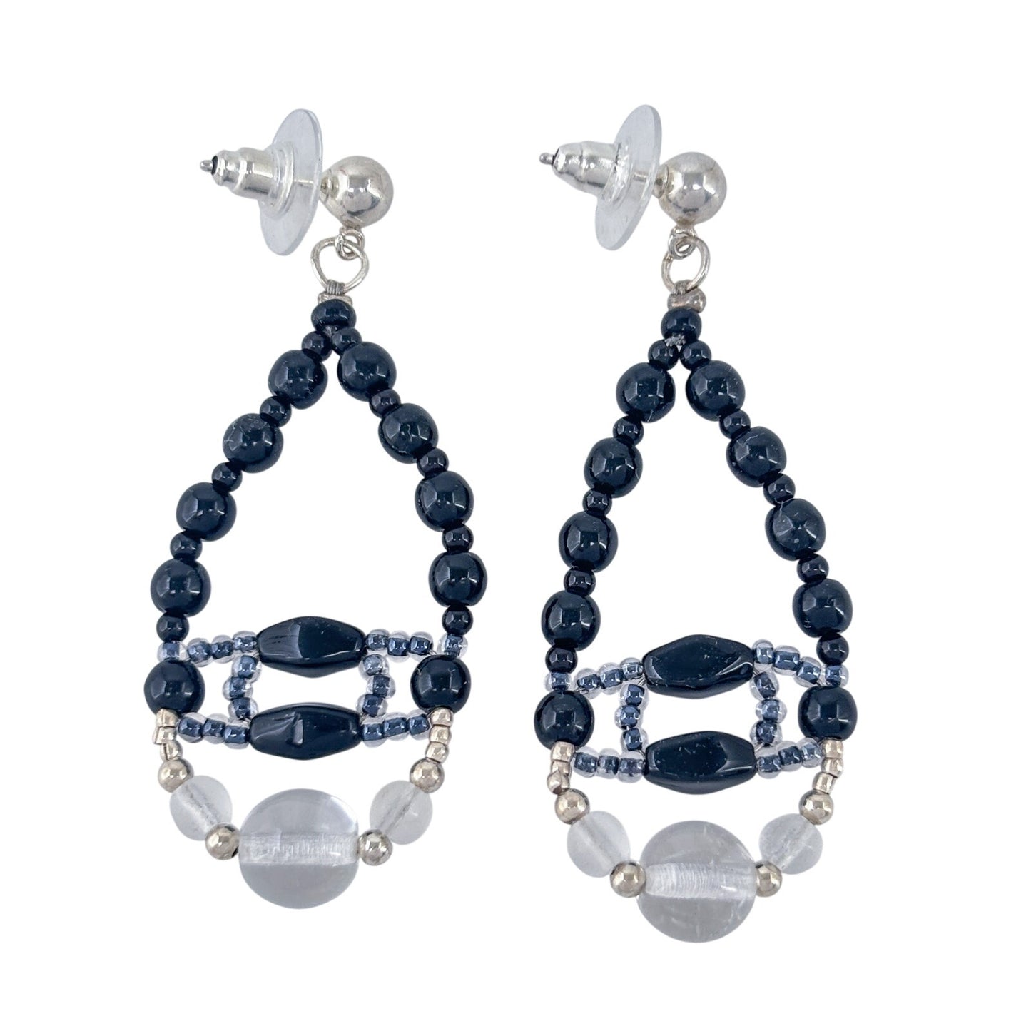 Vintage Sterling Silver 925 Black Bead Teardrop Chandelier Earrings