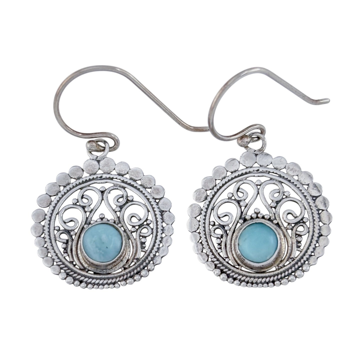 Vintage Sterling Silver 925 Larimar Filigree Dangle Earrings