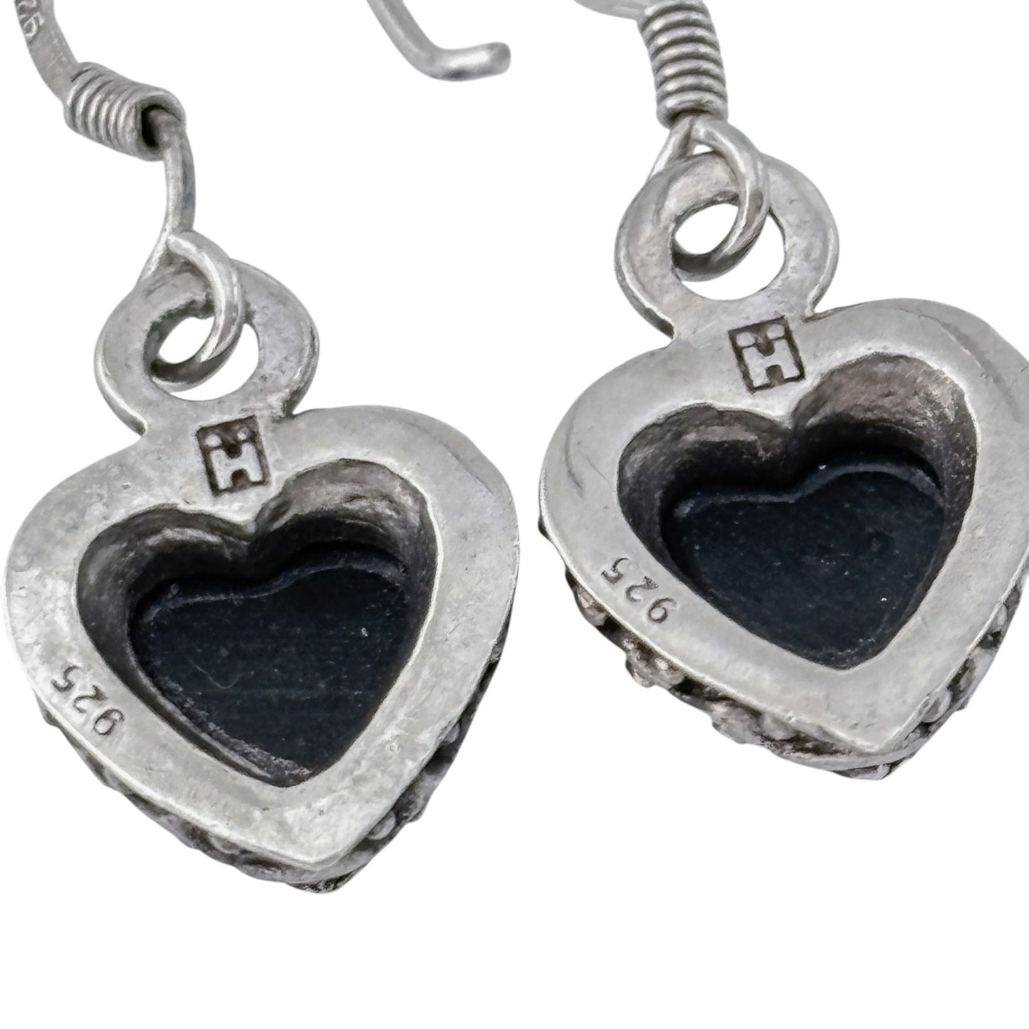 Vintage Sterling Silver 925 Black Onyx Heart Dangle Earrings