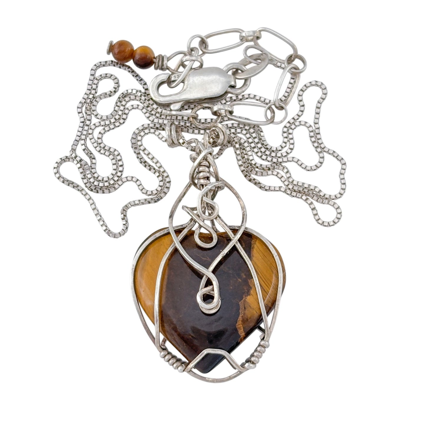 Vintage Sterling Silver 925 Tigers Eye Heart Pendant Necklace 18-20"