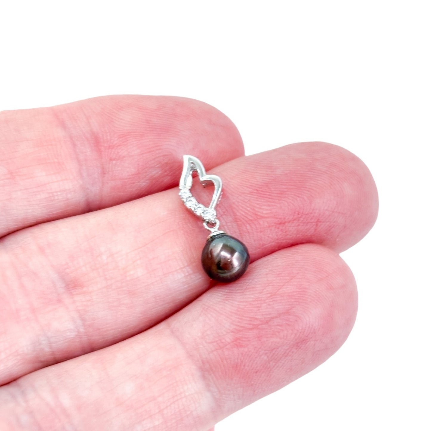 Vintage Sterling Silver 925 Black Pearl Cubic Zirconia Pendant